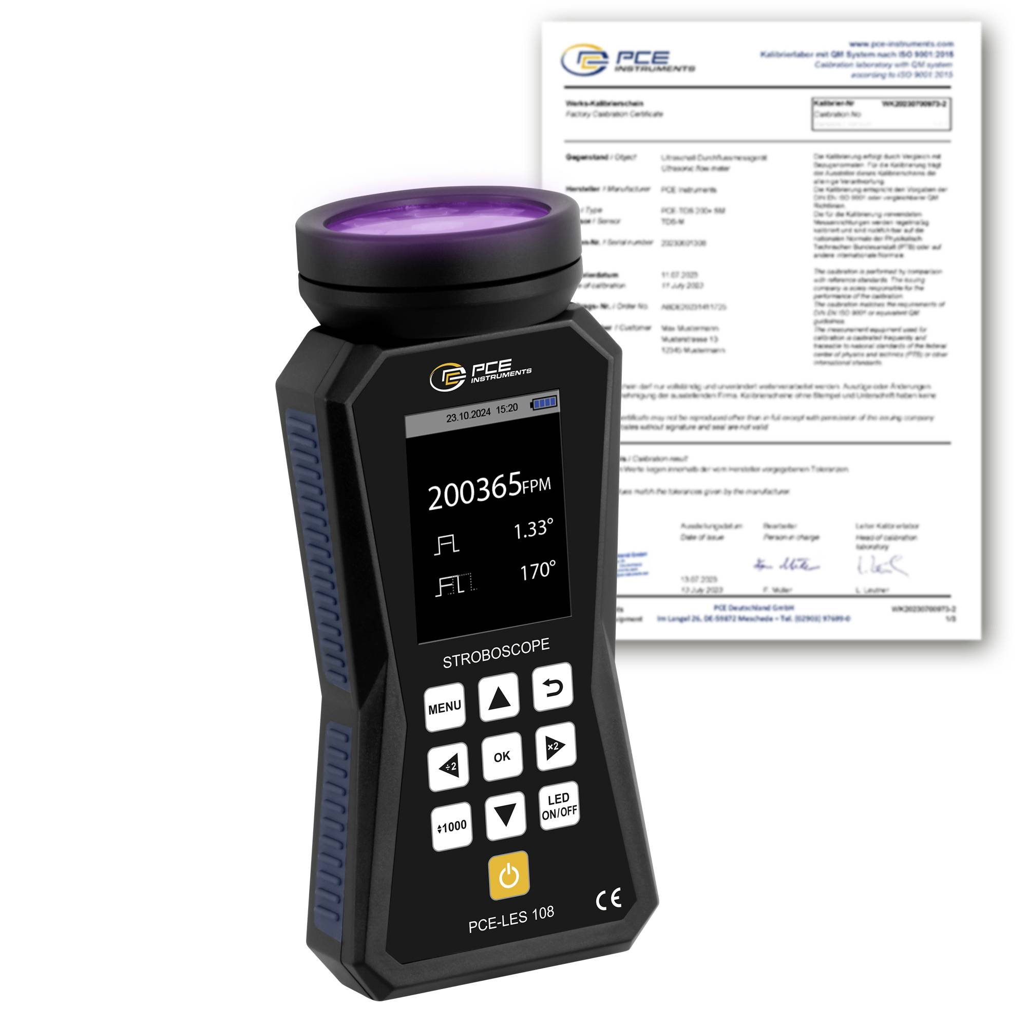 Tragbares Stroboskop-Messgerät PCE-LES 108 mit violettem Blitzkopf und digitalem Display, dargestellt vor einem Kalibrierzertifikat.