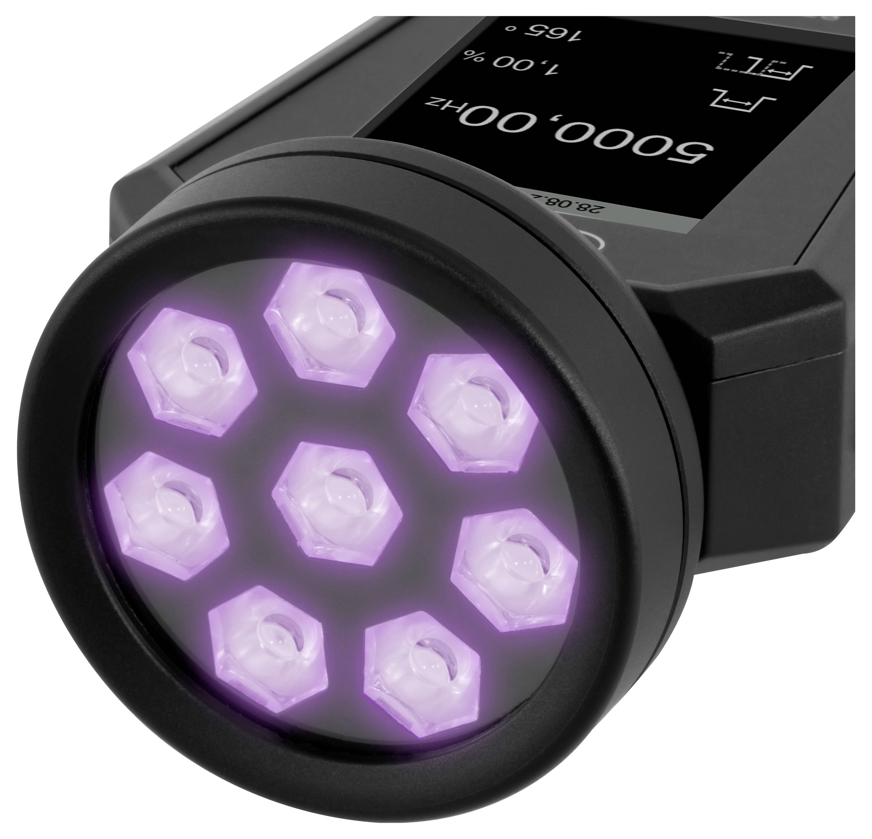 Schwarzes tragbares Gerät mit kreisförmiger Vorderseite, die acht leuchtende violette LED-Lichter zeigt, und ein kleines digitales Display oben.