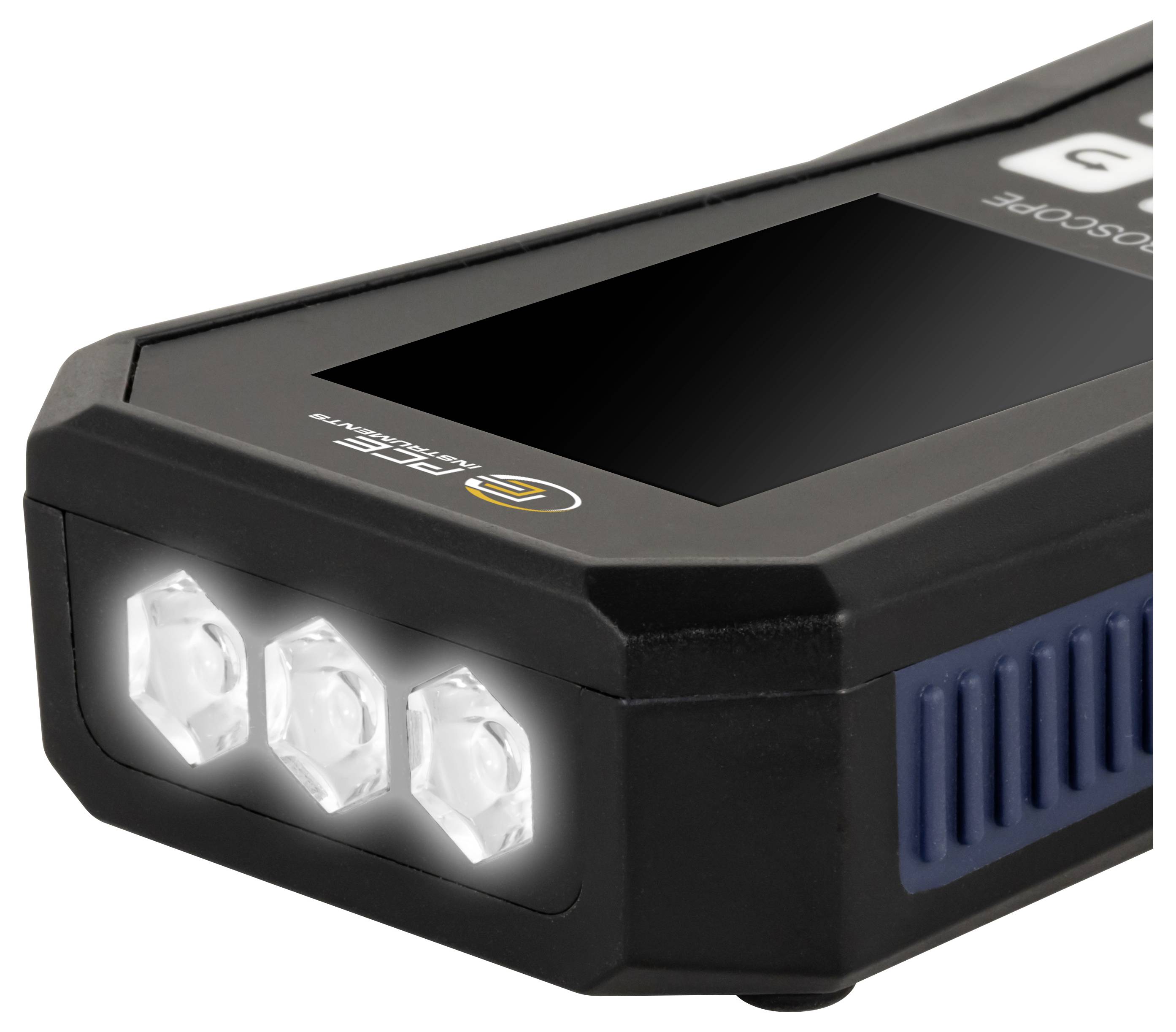 Schwarzes tragbares Gerät mit drei vorderen LED-Leuchten und einem dunklen Bildschirmfeld oben, in Nahaufnahme vor weißem Hintergrund dargestellt.