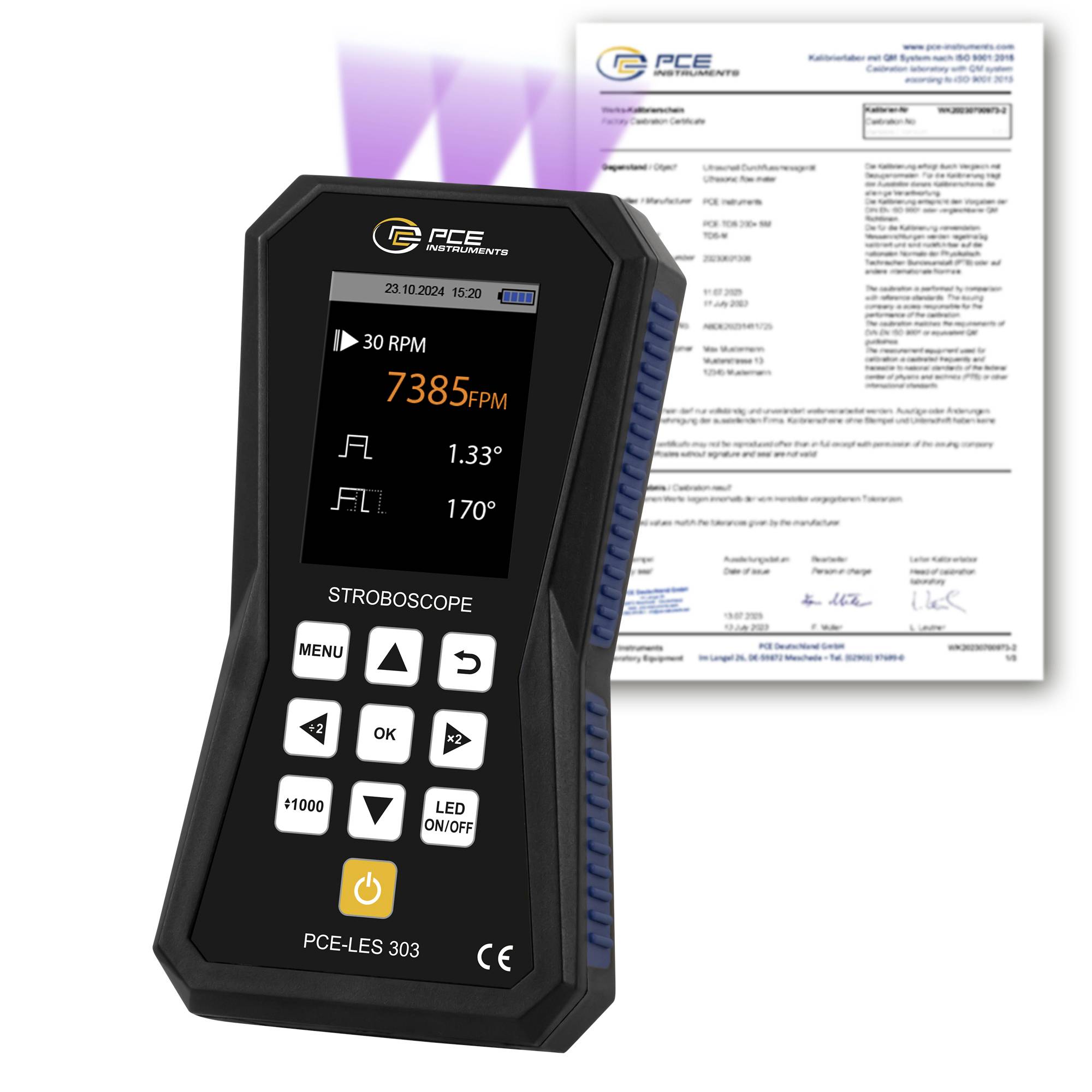 PCE-LES 303 Stroboskop-Messgerät zeigt 7385 BPM an, mit einem Kalibrierzertifikat im Hintergrund.