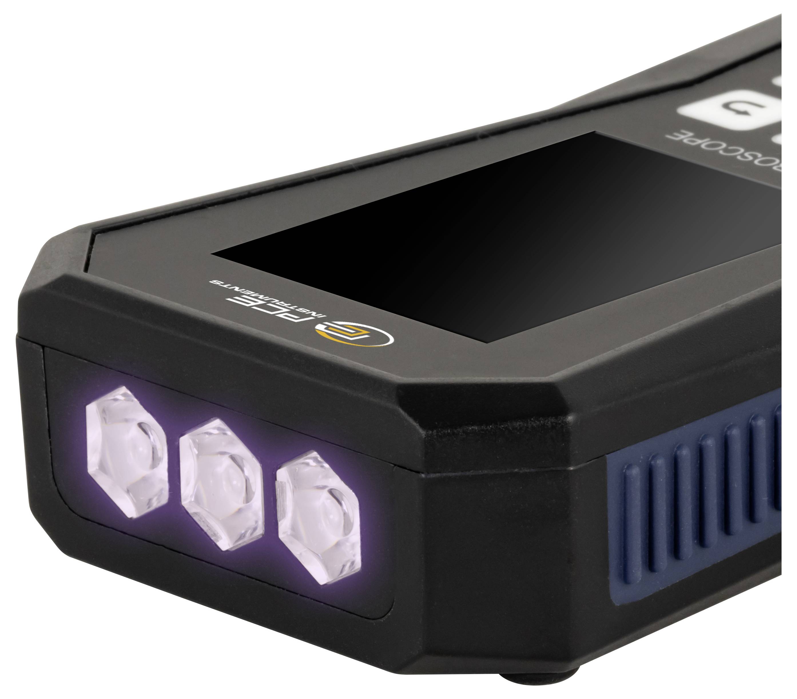 Kompaktes schwarzes elektronisches Gerät mit drei vorderen LEDs, einem dunklen oberen Display und seitlichen Belüftungsschlitzen auf weißem Hintergrund.