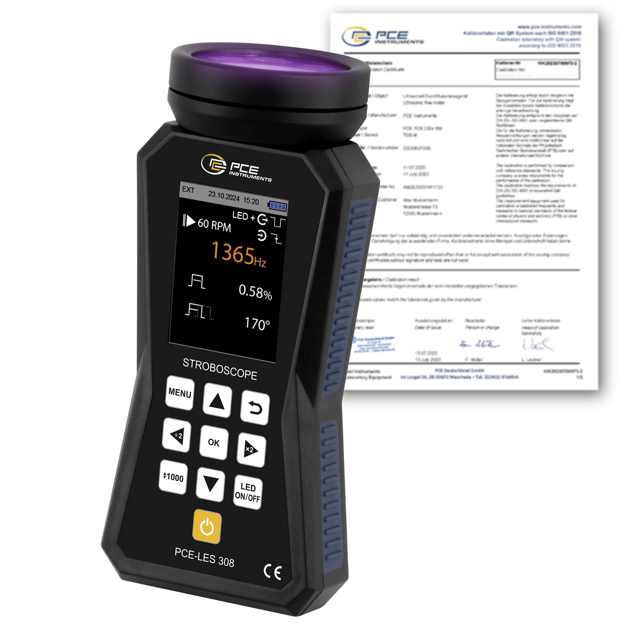Tragbares Stroboskop PCE-LS 308 mit leuchtendem Display, das 1365 Hz anzeigt, stehend vor einem Kalibrierungszertifikatdokument.