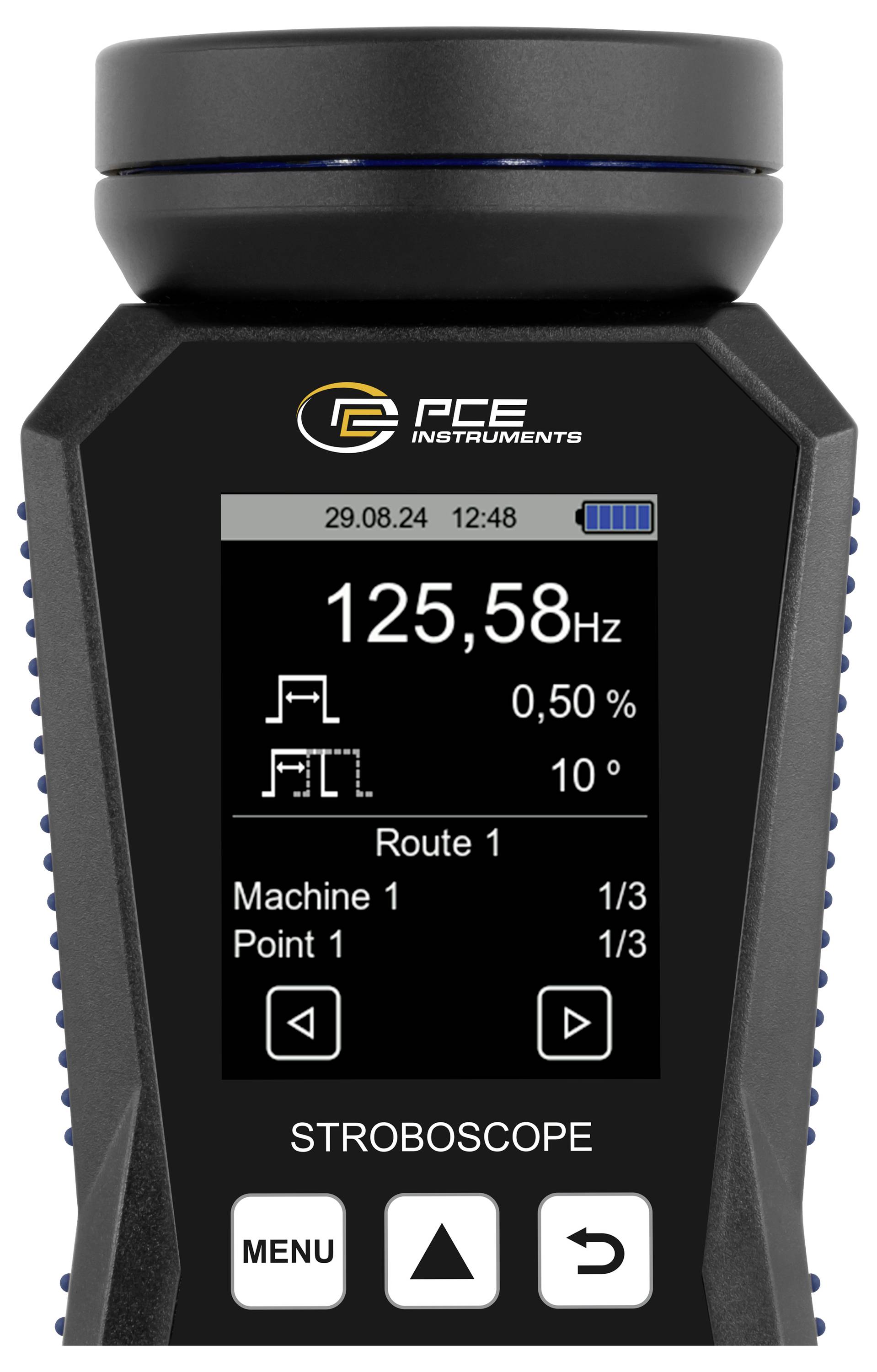Tragbares PCE-Stroboskop-Messinstrument mit Display, das 125,58 Hz, 0,50%, 10°, Route 1, Machine 1, Point 1 anzeigt, mit Menü- und Navigationstasten.