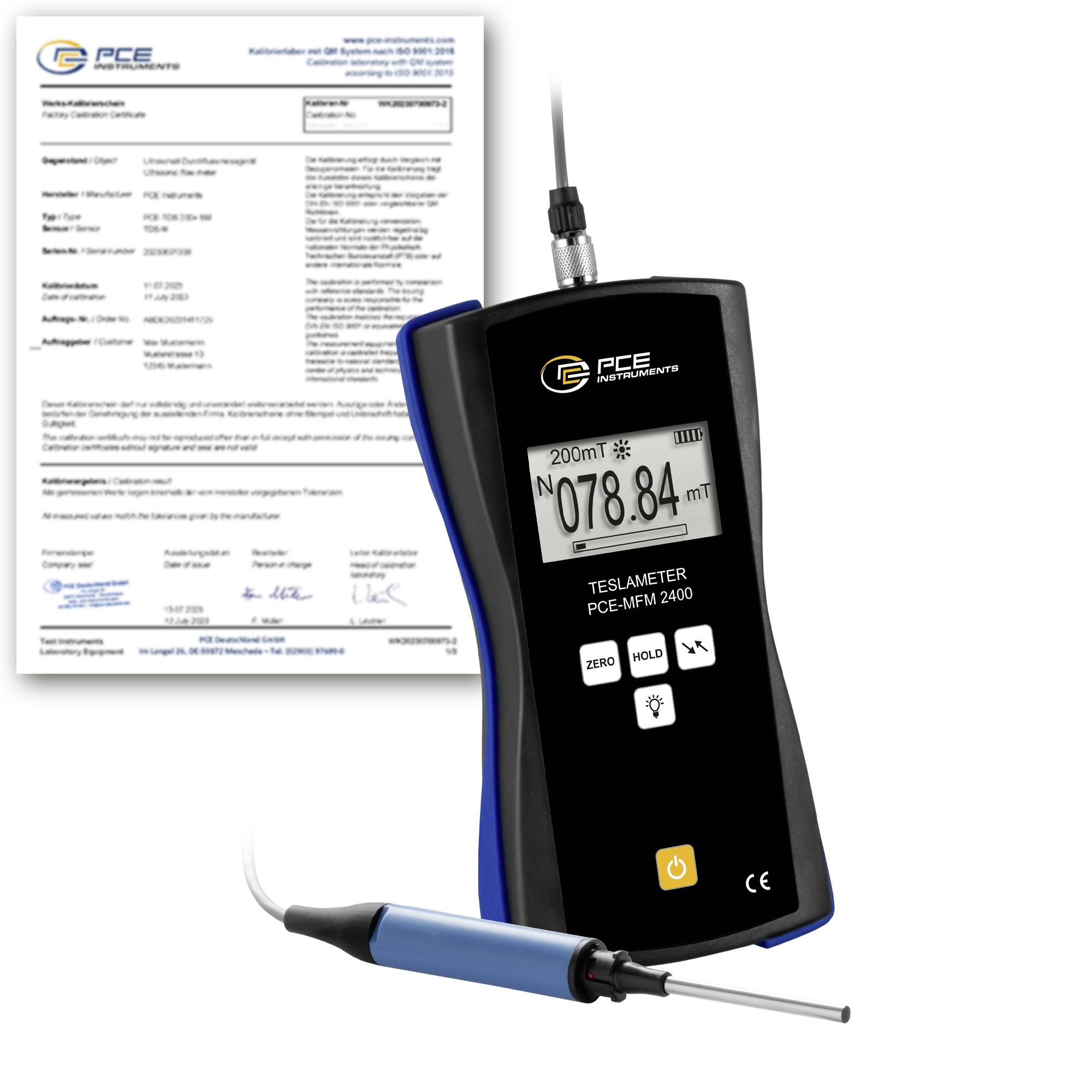 PCE Teslameter tragbares Gerät mit Anzeige von 078.84 mT, mit Kalibrierzertifikat und angeschlossener Sonde.