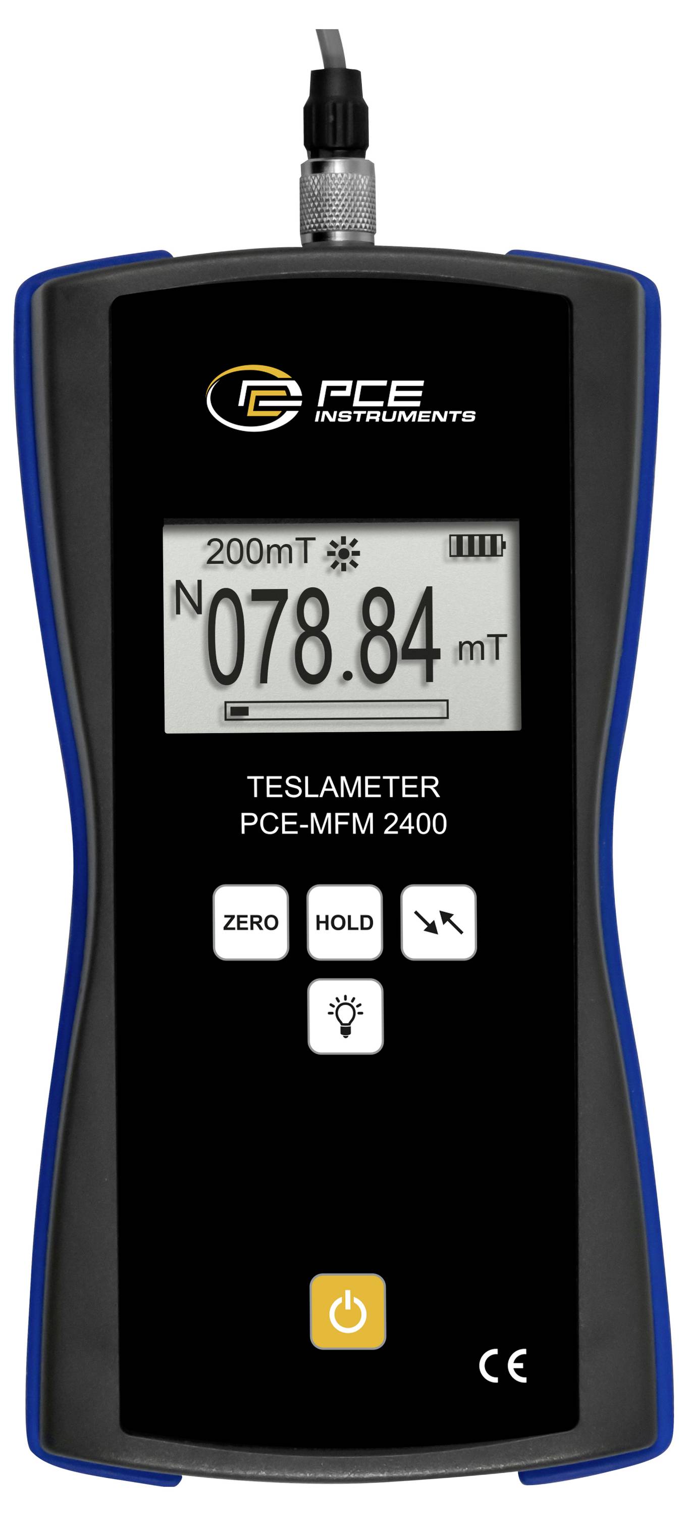 Tragbares PCE-Teslameter-Messinstrument zeigt 078.84 mT auf dem Display an, mit Tasten für Nullabgleich, Halten und Stromversorgung.