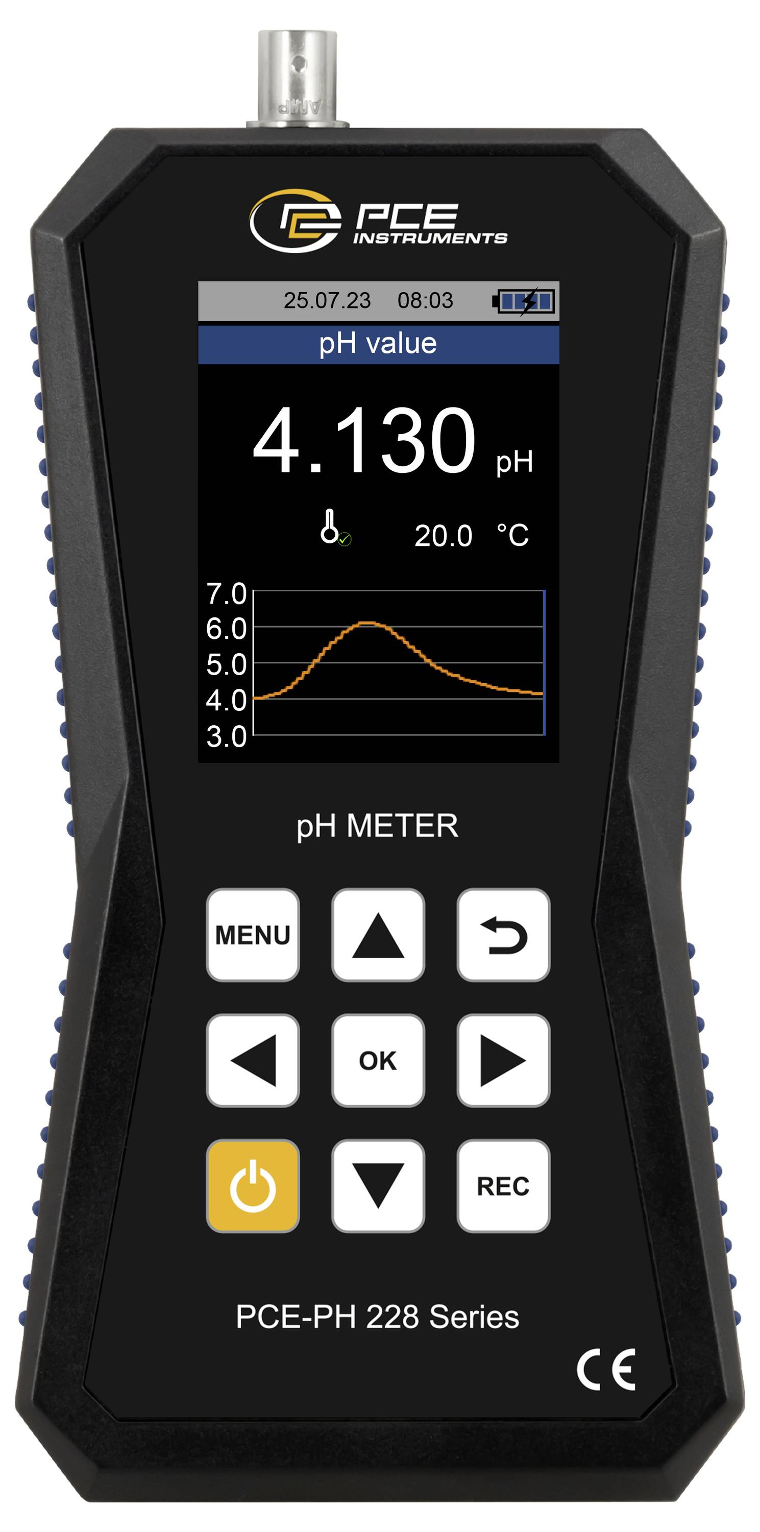 Tragbares PCE-pH-Messgerät mit Anzeige des pH-Wertes 4,130, Temperatur 20,0 °C und einem pH-Trendgraphen; Gerät mit der Bezeichnung PCE-PH 228 Series.