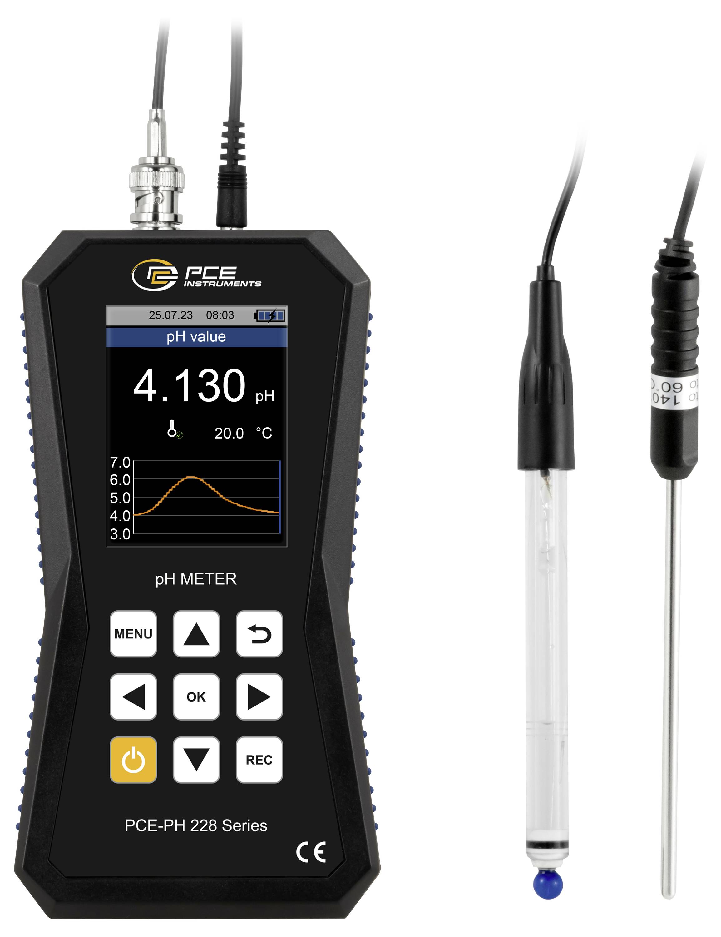 Tragbares digitales pH-Messgerät mit Sonde und Anzeige zeigt pH 4,130 und Temperatur 20,0°C.