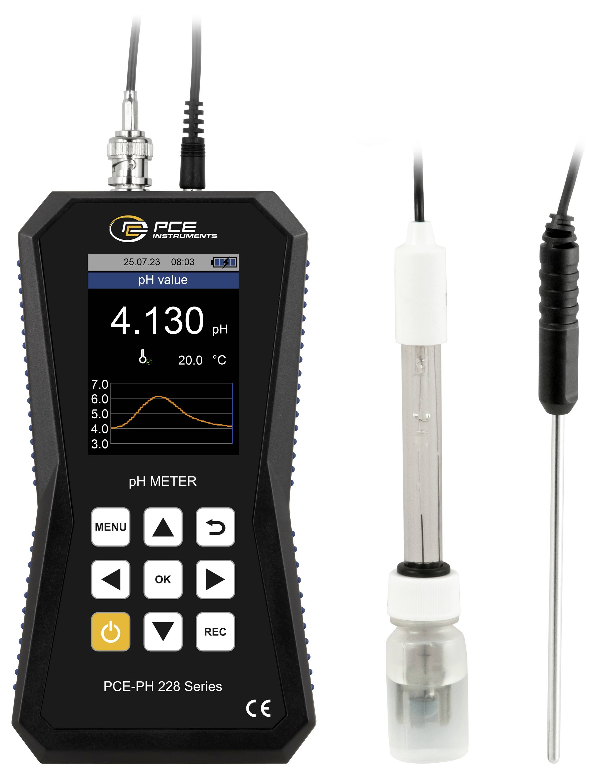 Tragbares pH-Messgerät mit Anzeige von 4.130 pH und angebrachter Sonde, daneben separate Glas-pH-Elektrode und Schutzkappe.