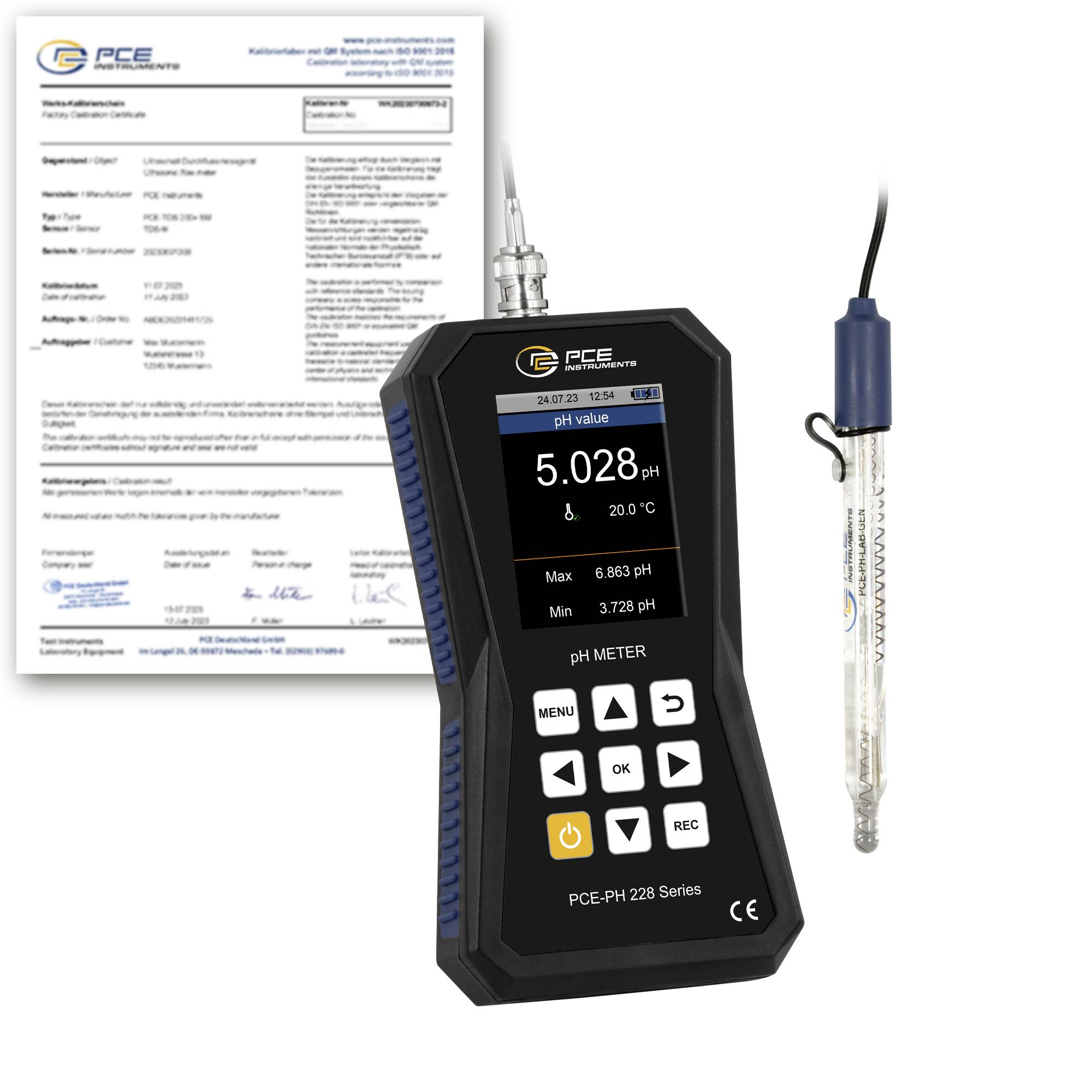 PCE pH-Messgerät-Set mit tragbarem Display, Sonde und Kalibrierzertifikat; Bildschirm zeigt pH 5,028 und 20,0°C.