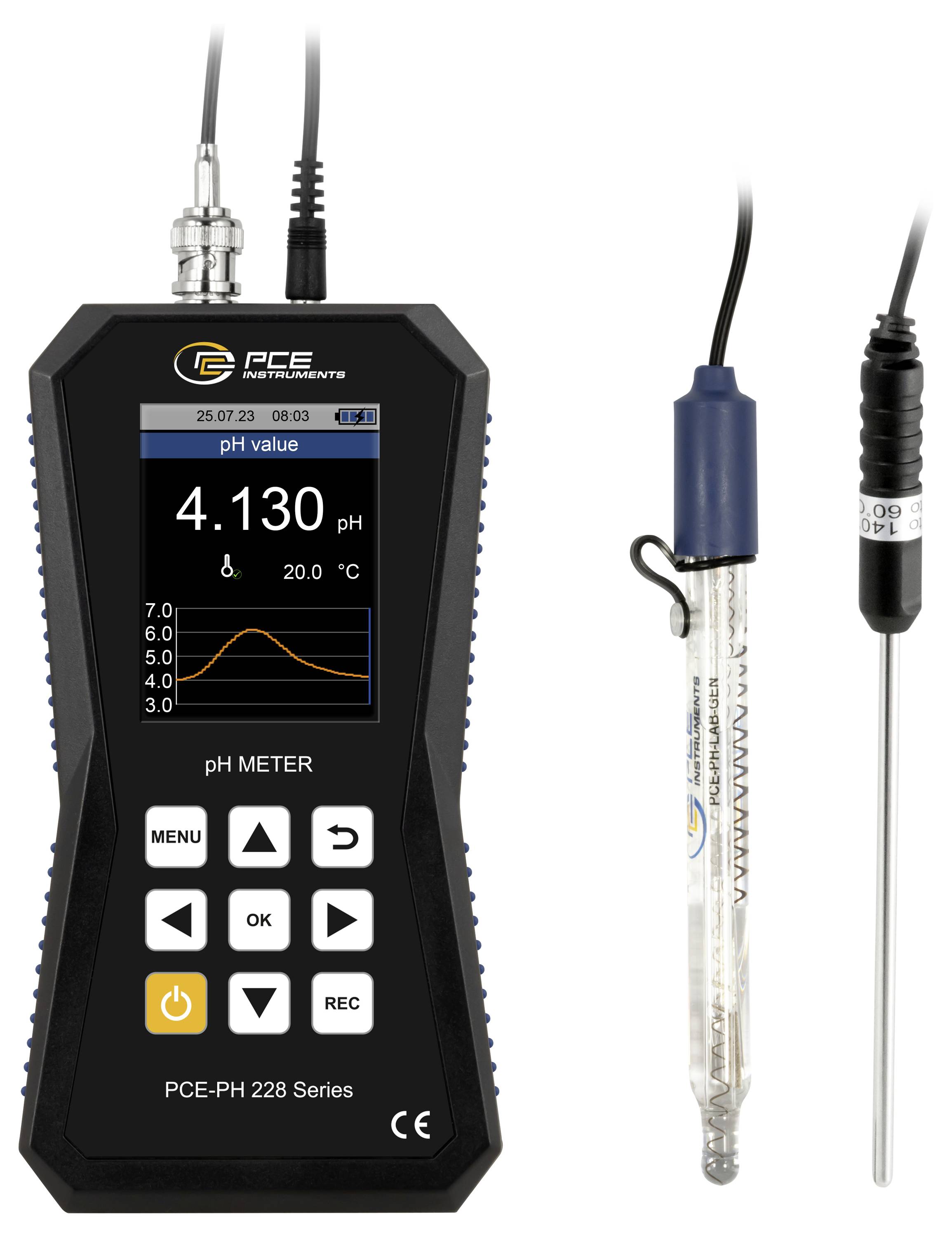 Tragbares PCE pH-Messgerät mit Anzeige pH 4.130 und 20,0°C, mit angeschlossener Sonde und daneben angezeigten Sensorelektroden.