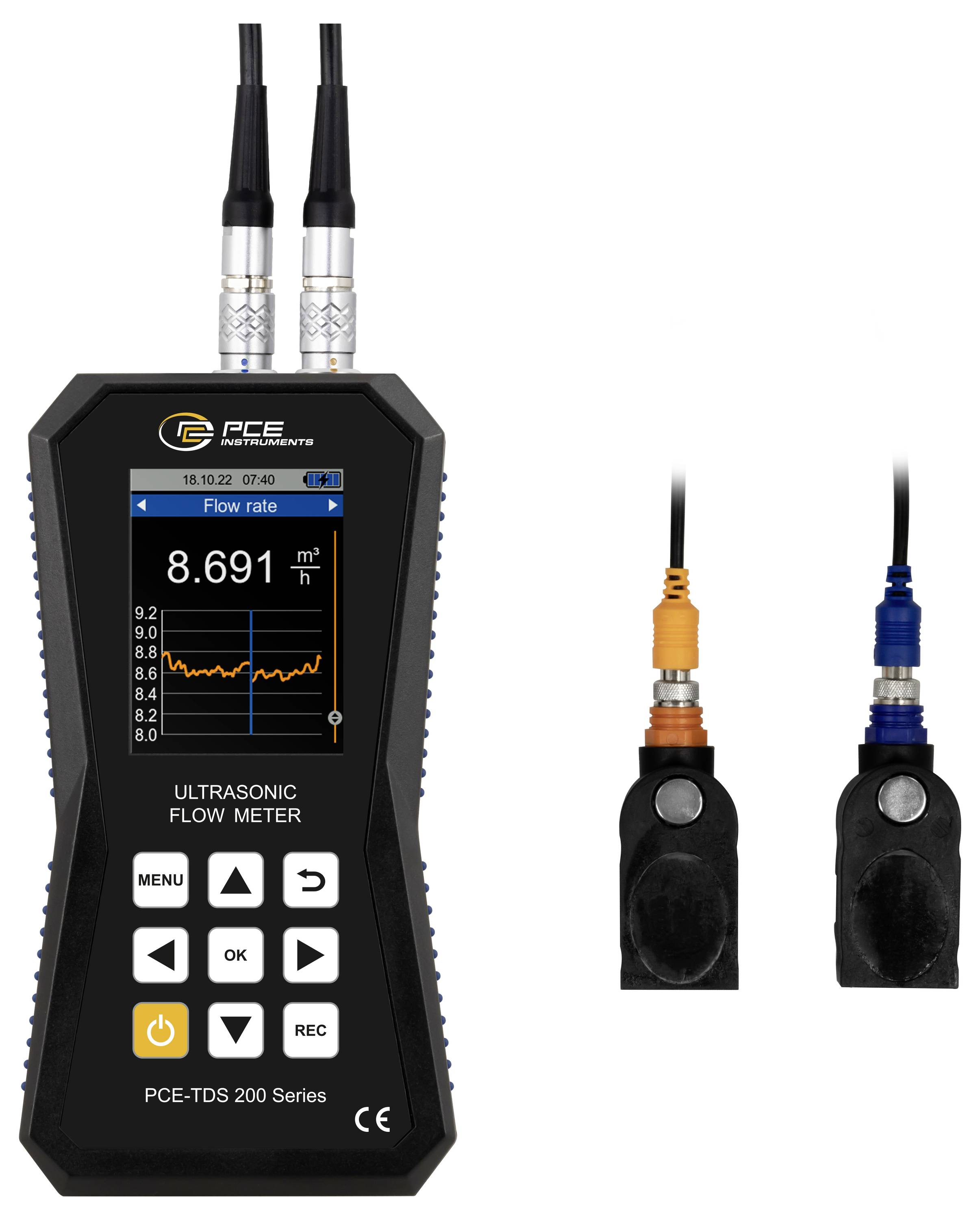 Tragbares Ultraschall-Durchflussmessgerät mit Display, das „Durchflussrate