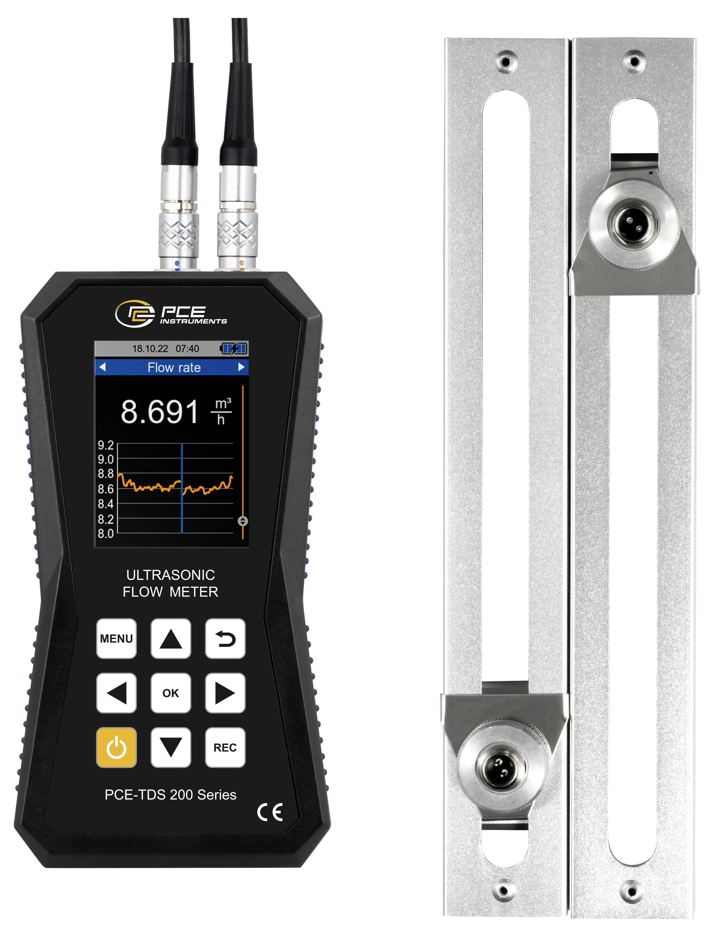Tragbares Ultraschall-Durchflussmessgerät mit Doppelsonden und einem Display, das die Durchflussrate anzeigt, neben zwei Metall-Sensormontierungen oder -schienen.