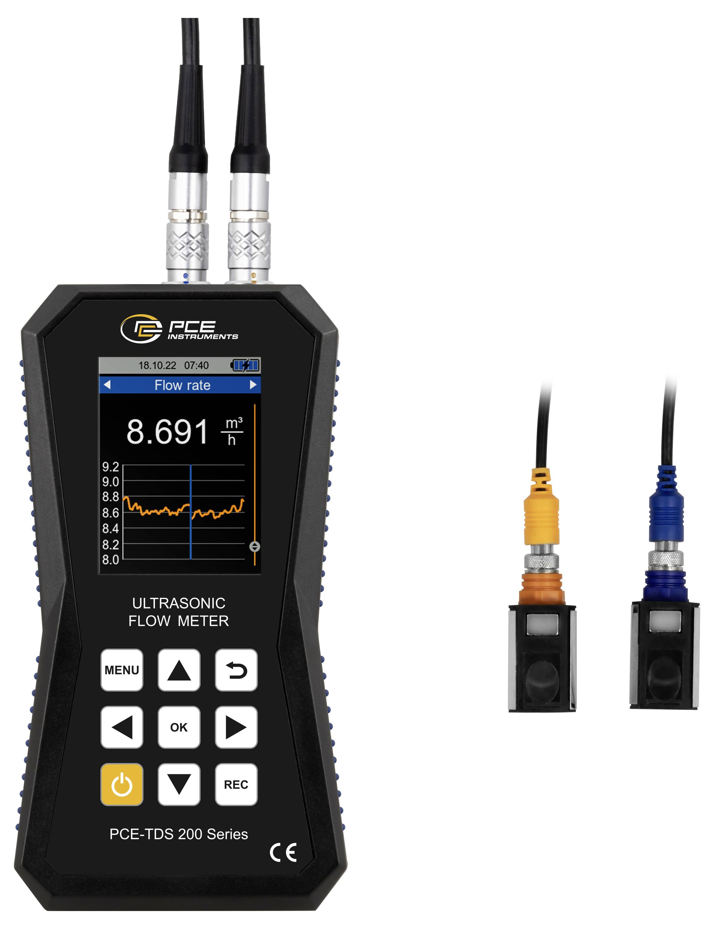 Tragbares PCE-Ultraschall-Durchflussmessgerät-Display mit zwei kabelgebundenen Sensoren, das eine Durchflussrate von 8,691 m³/h anzeigt
