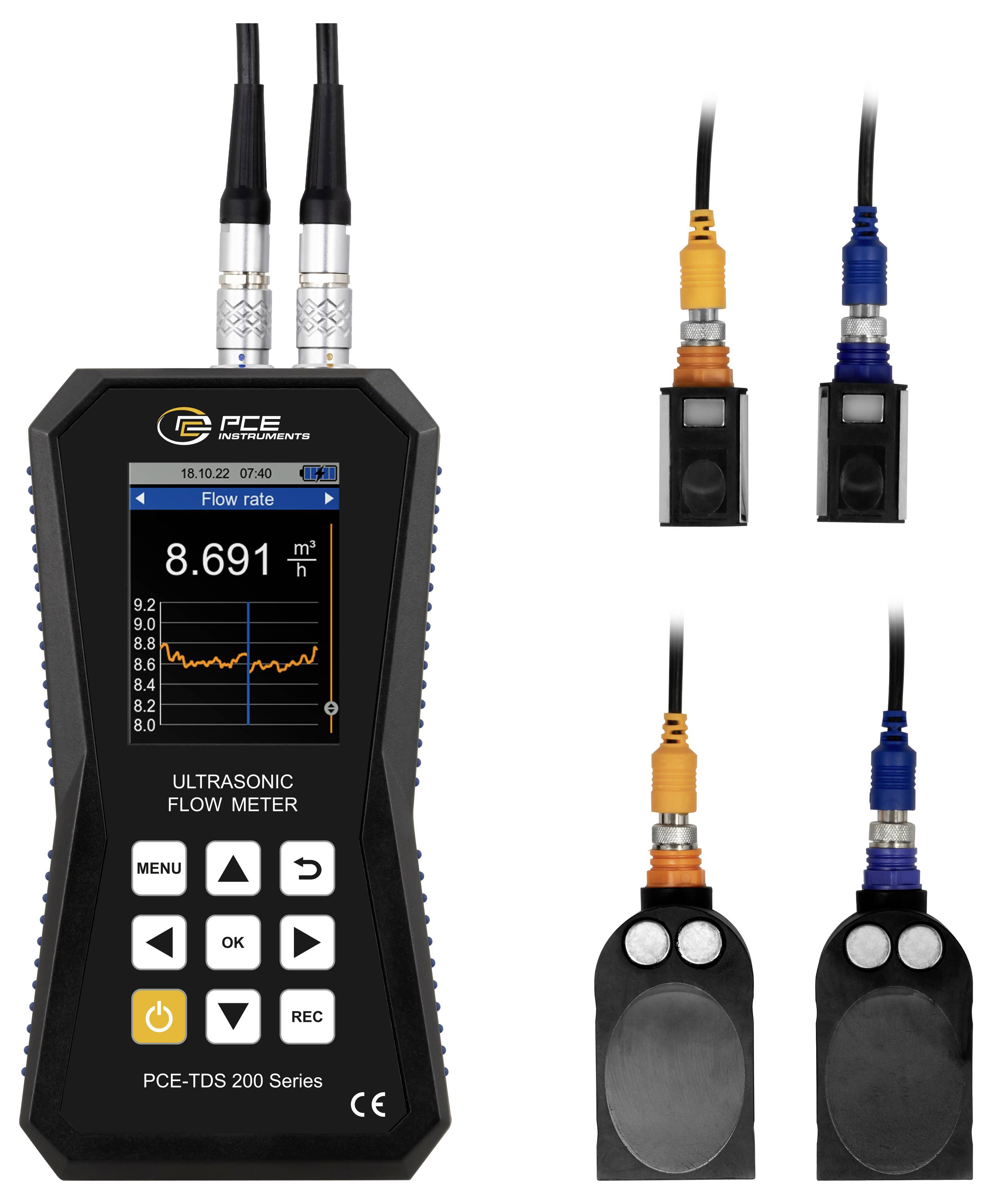 Tragbares Ultraschall-Durchflussmessgerät mit Anzeige der Durchflussrate 8,691 m³/h; enthält zwei aufsteckbare Sensorsonden und Kabelverbinder.