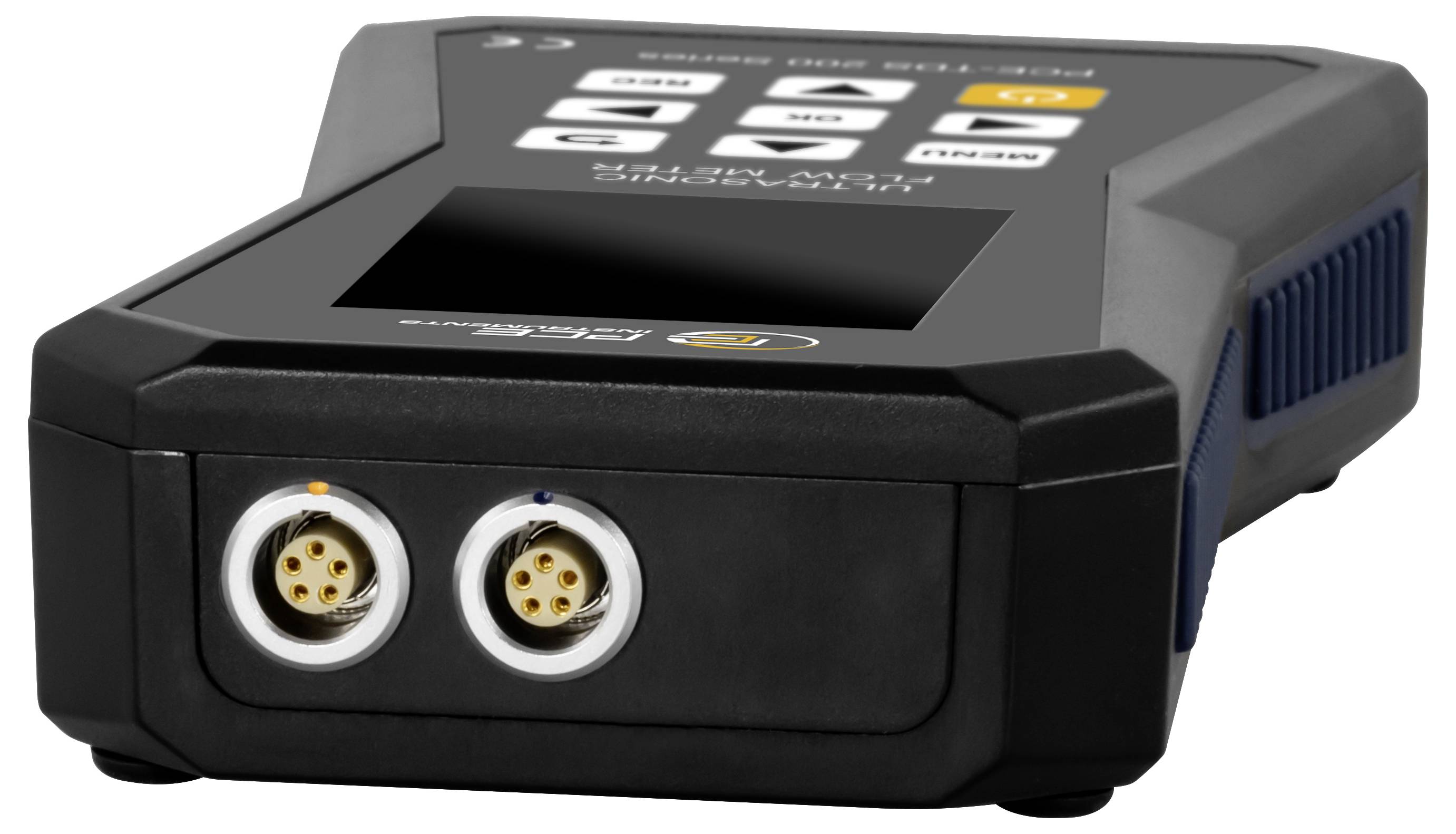 Tragbarer schwarzer elektronischer Controller mit Touchscreen und zwei vorderen kreisförmigen Anschlüssen, wahrscheinlich ein Labor- oder Industrieschnittstellen-Gerät.