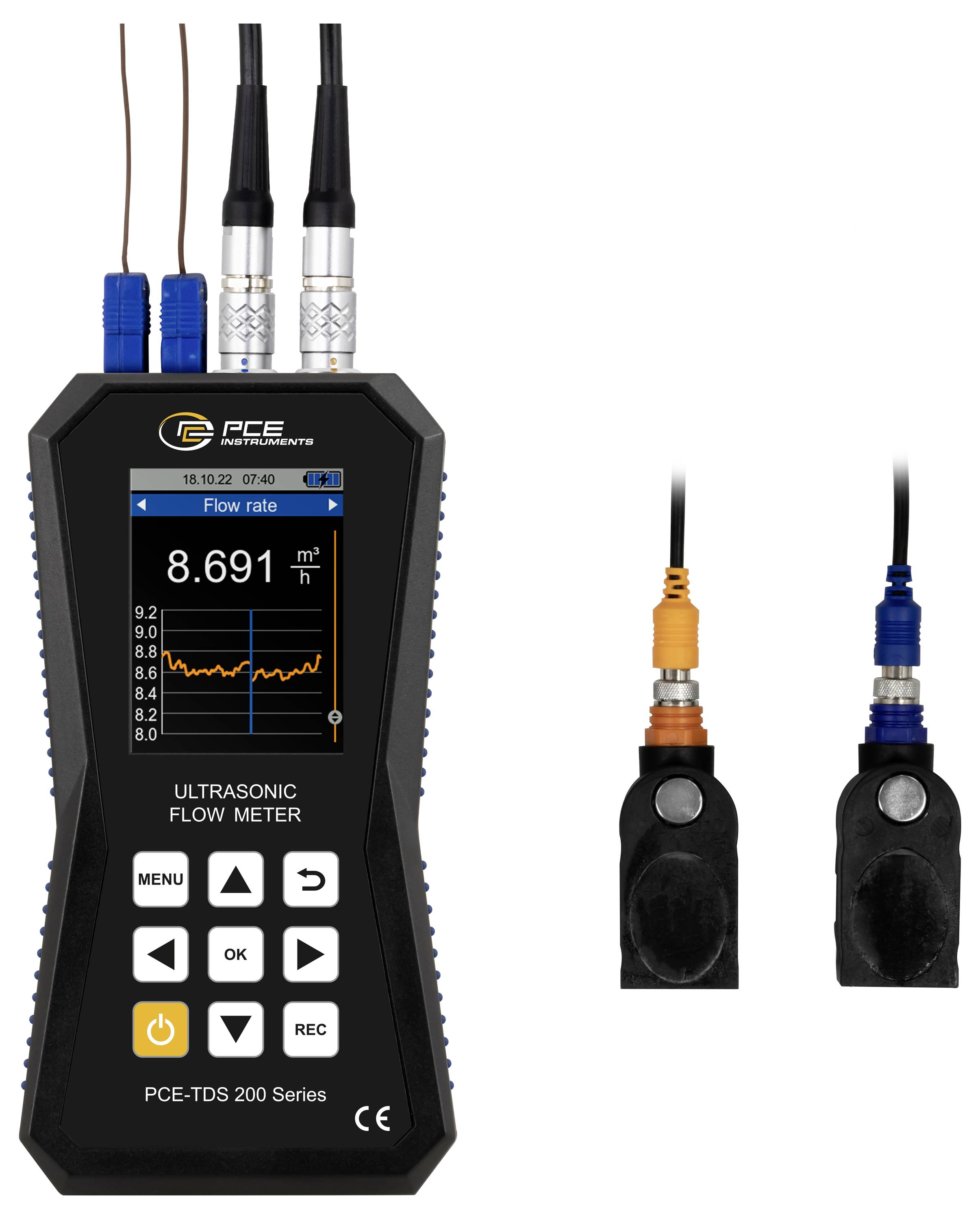 Tragbares PCE-Ultraschall-Durchflussmessgerät mit Bildschirm, der eine Durchflussrate von 8,691 m³/h anzeigt, plus zwei angebrachte Sensorsonden daneben.