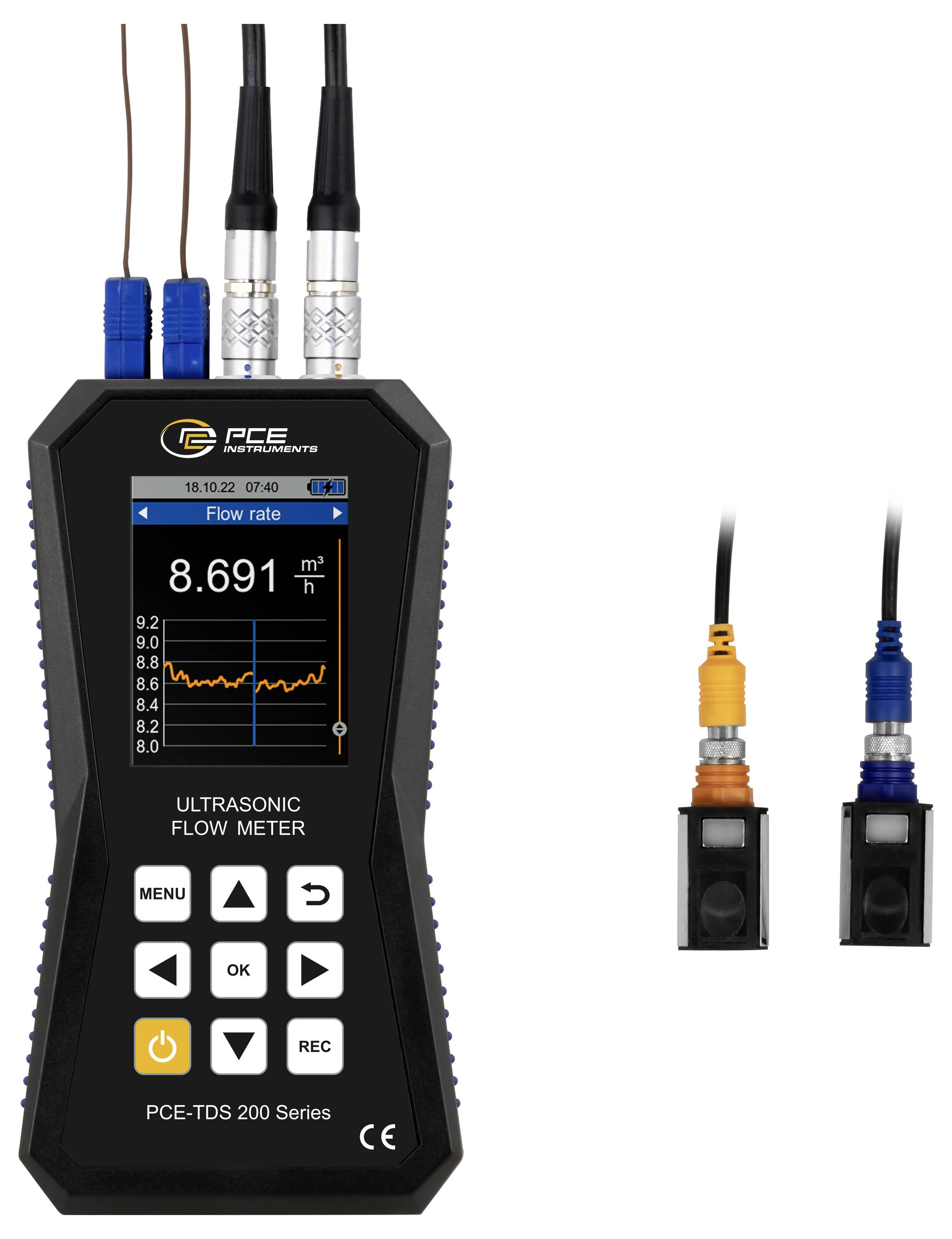 Tragbares Ultraschall-Durchflussmessgerät mit Display, das eine Durchflussrate von 8,691 m³/h anzeigt, mit zwei daneben gezeigten Aufsteck-Sensoren.