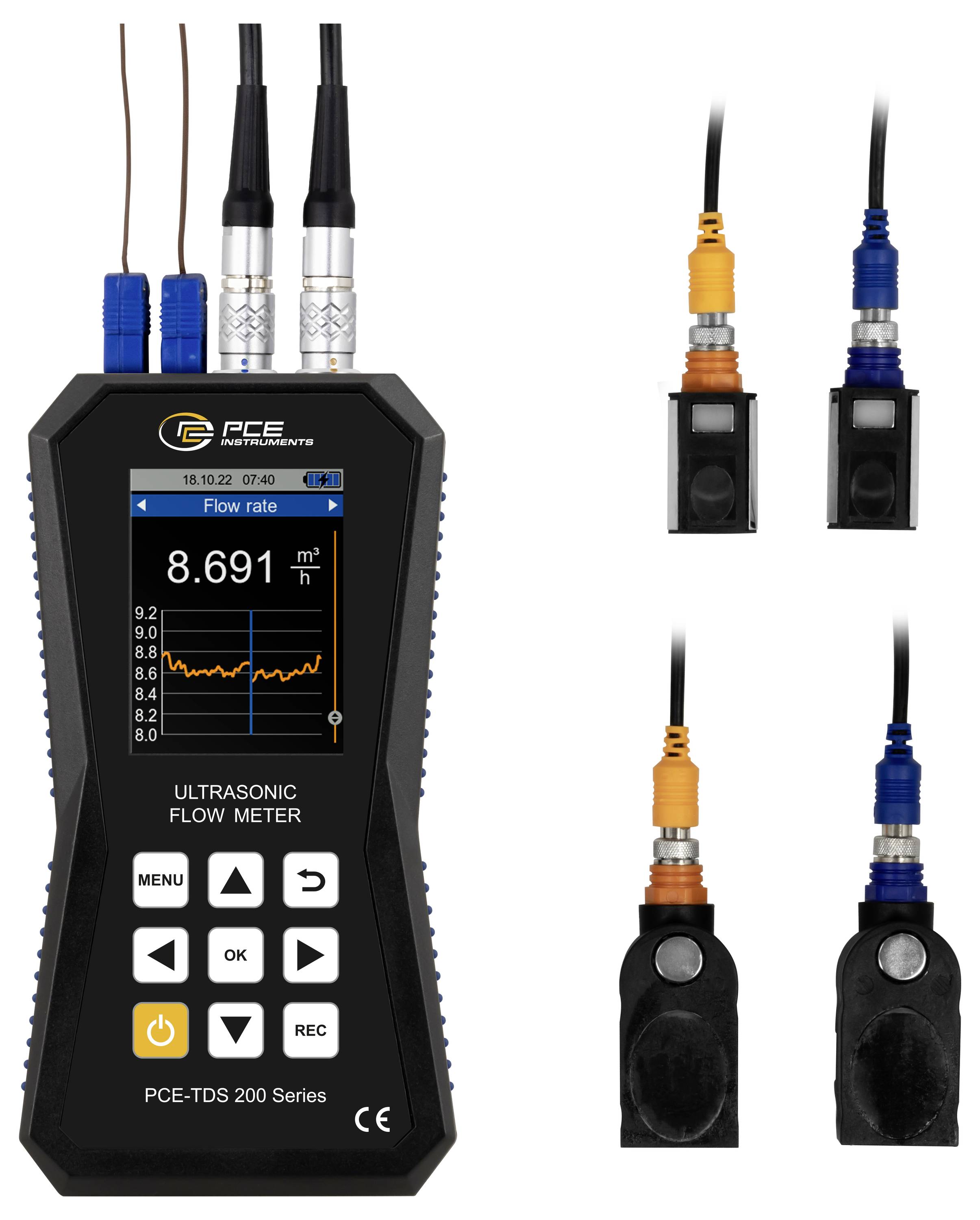 Tragbares Ultraschall-Durchflussmessgerät mit digitaler Anzeige, das 8,691 m³/h anzeigt, dargestellt mit vier angebrachten Anlegefühlern auf weißem Hintergrund.