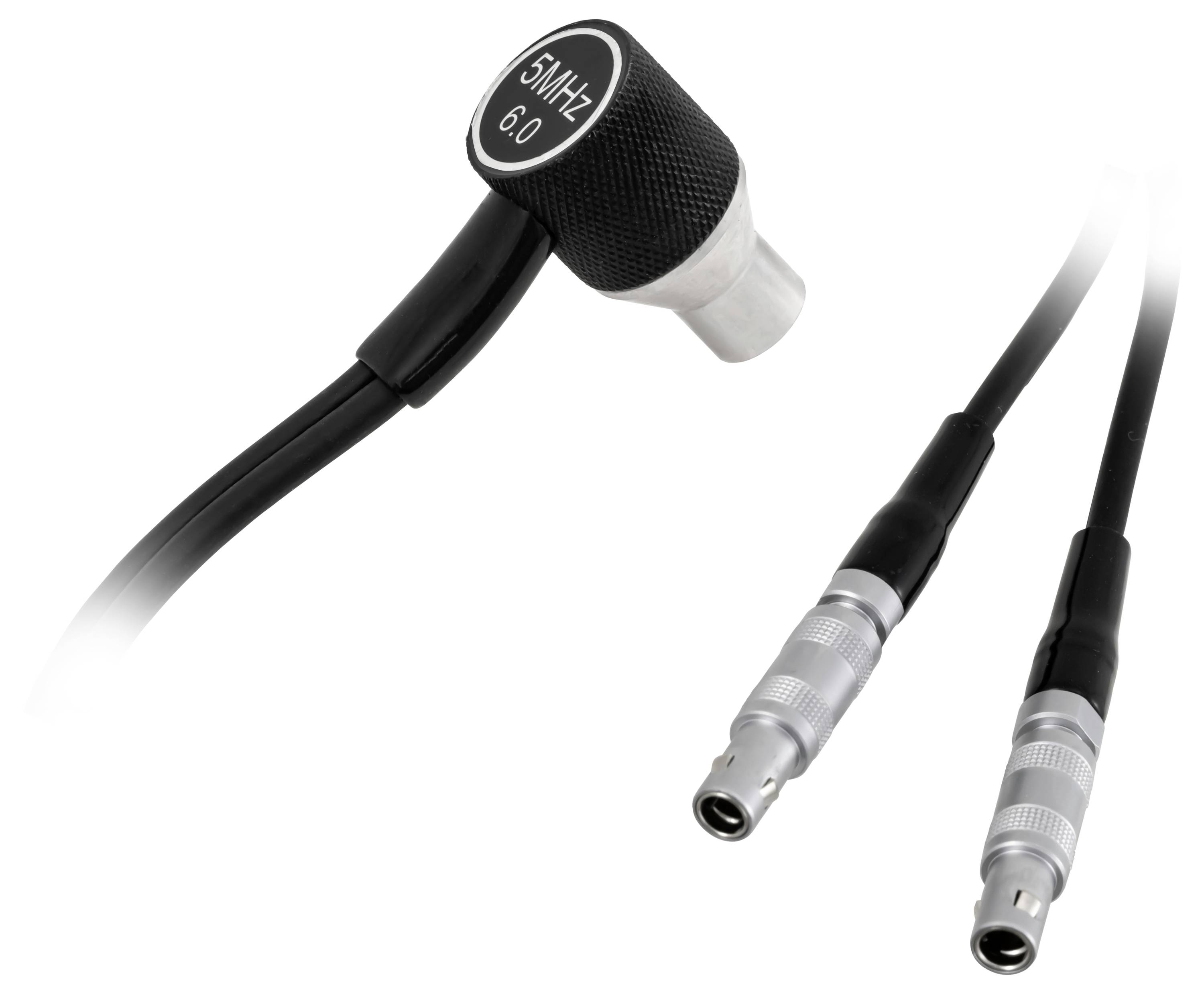 Schwarzes Kabel mit einem abgewinkelten 6MHz 6,0-Stecker und zwei silbernen Steckern auf weißem Hintergrund.