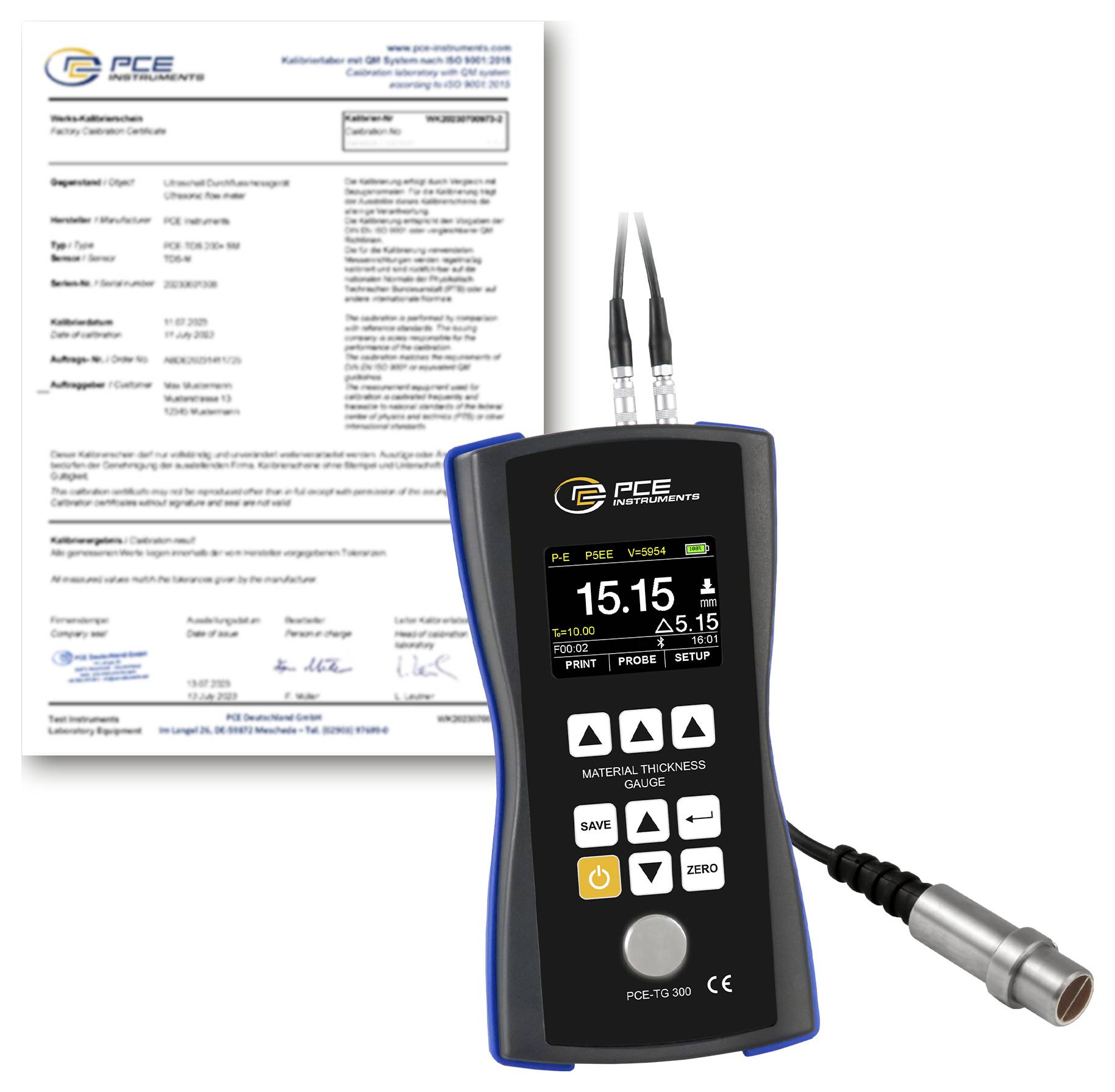 Dickenmessgerät für PCE-Materialien mit Sonde und Kalibrierzertifikat, zeigt digitales Display mit Anzeige von 15,15 und Bedienschaltern.