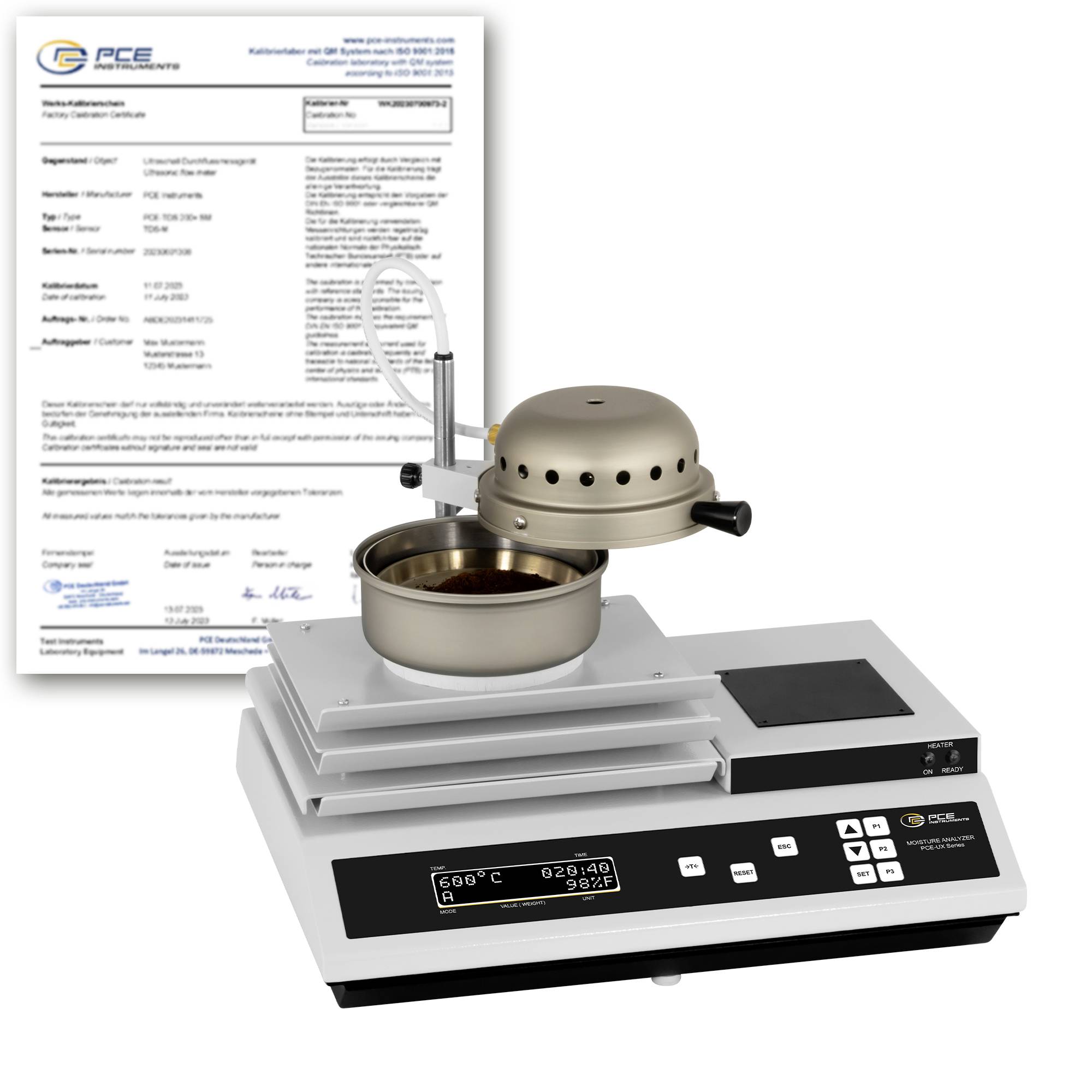 Laborthermoanalysator mit Schmelztiegel für Proben, Heizdeckel, Bedienfeld und dahinter gezeigtem Kalibrierschein.
