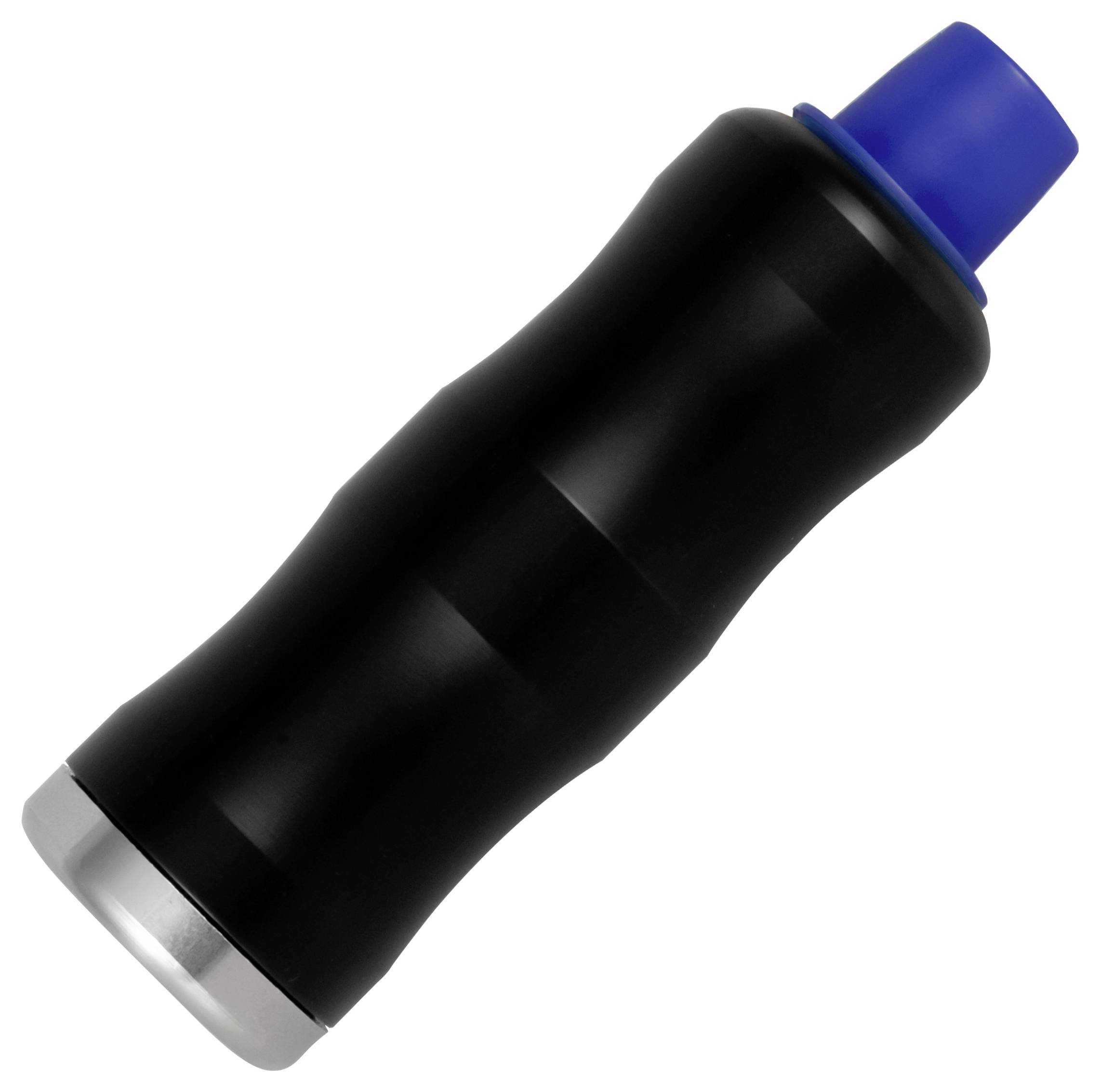 Schwarzes zylindrisches Gerät oder eine Batterie mit einer blauen Kappe an einem Ende und einer silbernen Metallbasis am anderen Ende, gezeigt auf weißem Hintergrund.