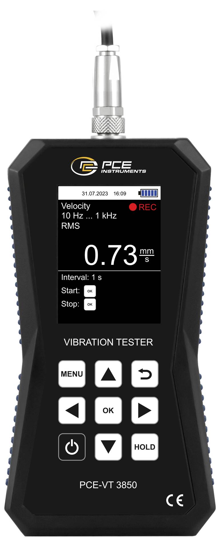 Tragbares PCE-Vibrationsmessgerät-Display im Geschwindigkeitsmodus, Aufzeichnung, 0,73 mm/s und 1-Sekunden-Messzeitintervall.