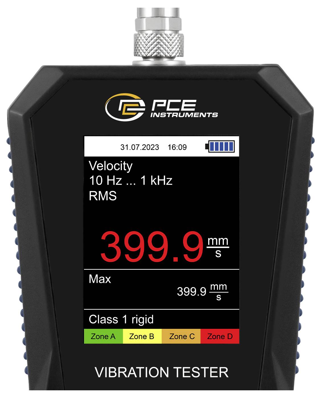 Tragbares PCE-Vibrationsmeßgerät zeigt Geschwindigkeit von 399,9 mm/s RMS an, Maximum 399,9, mit Zonenindikator, der Zone D in Rot anzeigt.