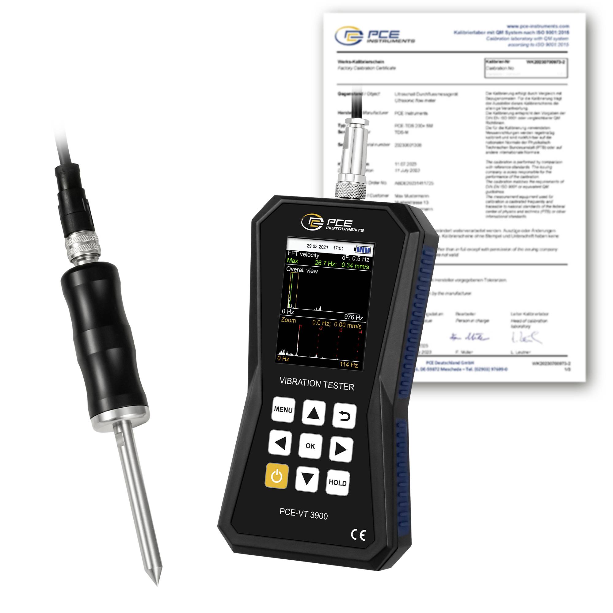 PCE VT 3900 Vibrationsprüfer mit Sonde und dahinter angezeigtem Kalibrierzertifikat.