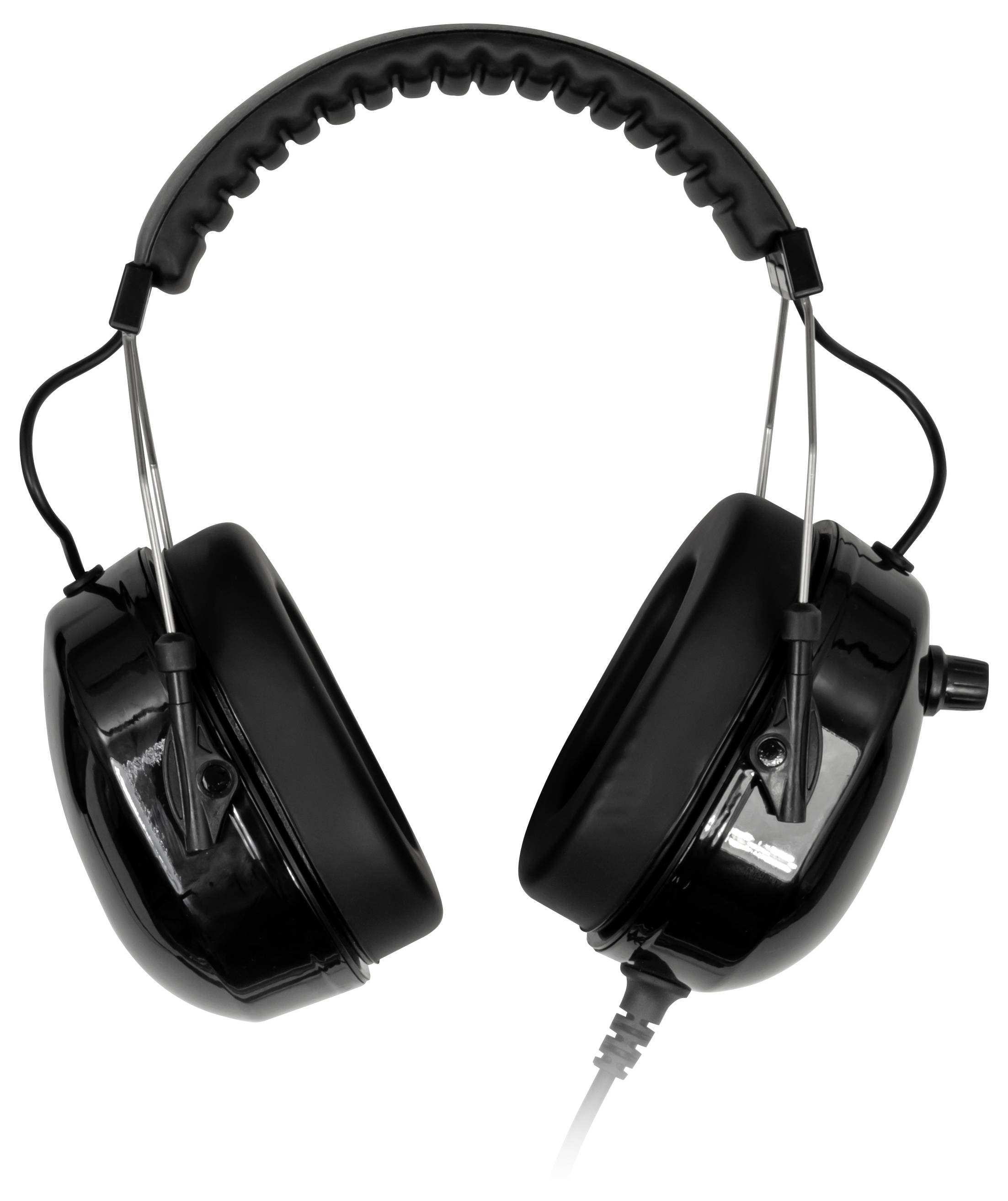 Schwarze Over-Ear-Ohrenschützer Gehörschutz-Kopfhörer mit gepolstertem Kopfbügel und angebrachtem Kabel, gezeigt auf weißem Hintergrund.