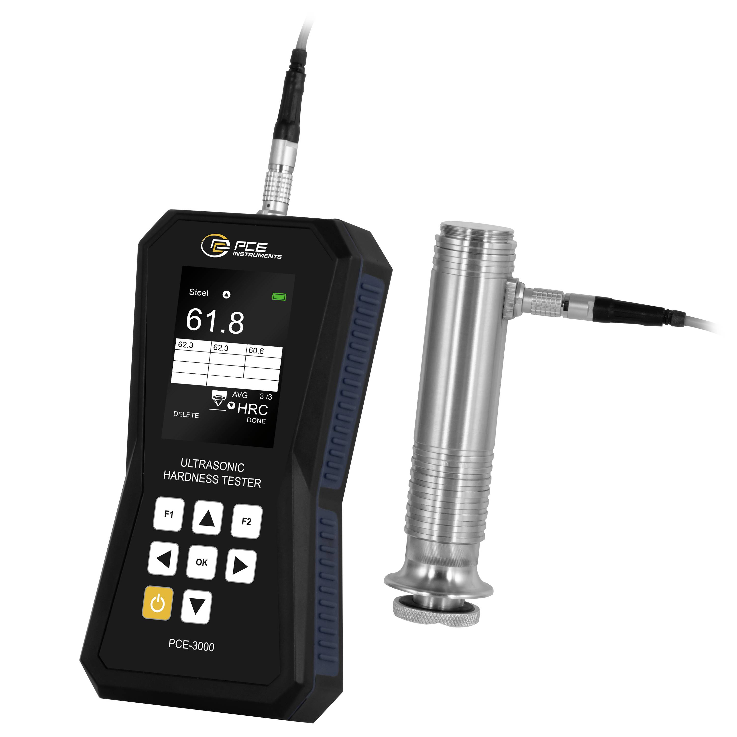 Tragbares Ultraschall-Härteprüfgerät mit angebrachter Sonde, das eine Stahlhärtelesung von 61,8 HRC anzeigt.