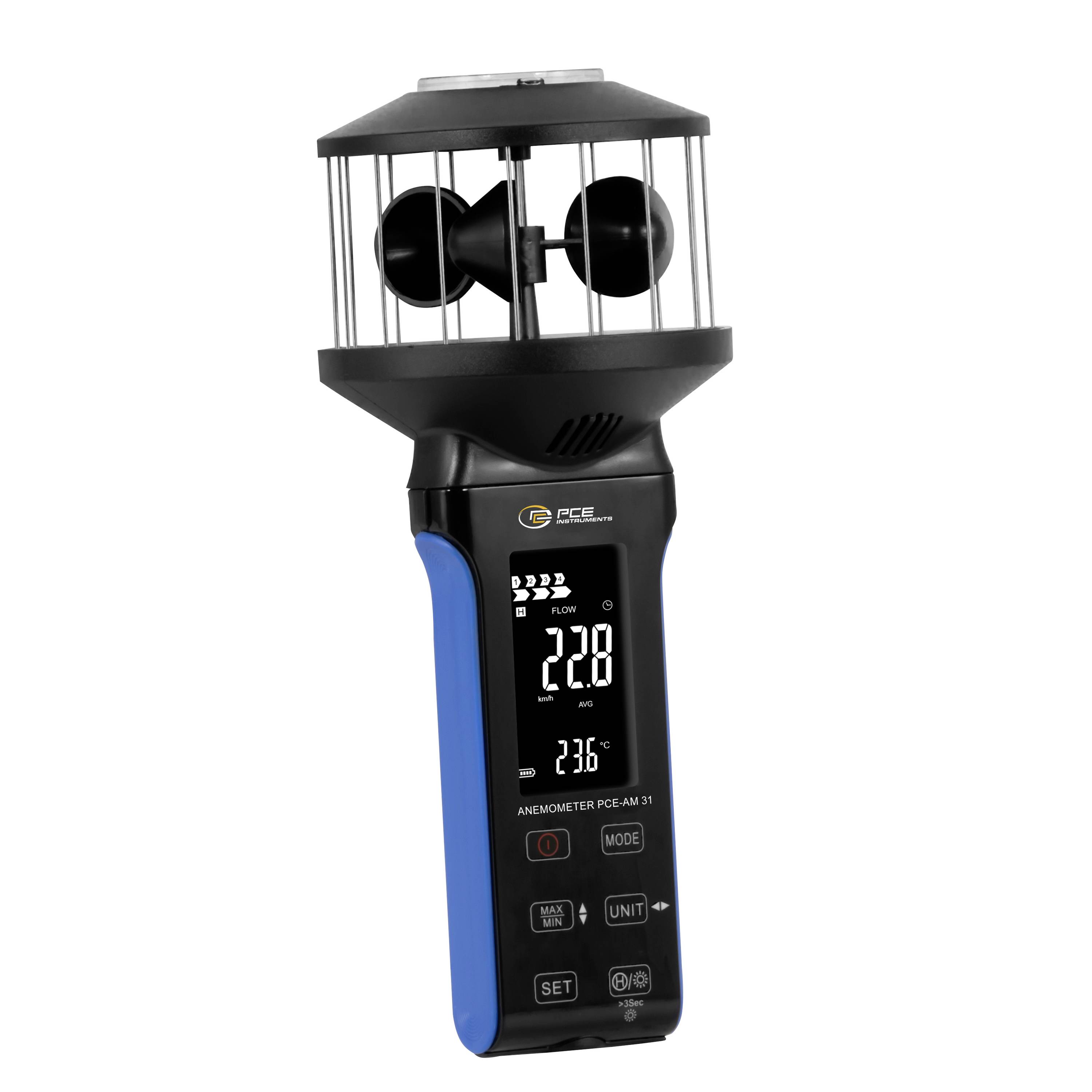 Tragbares digitales Windmessgerät mit schwarzem Propellersensorkopf und Display zur Anzeige von Windgeschwindigkeit und Temperatur, blauem Seitegriff.