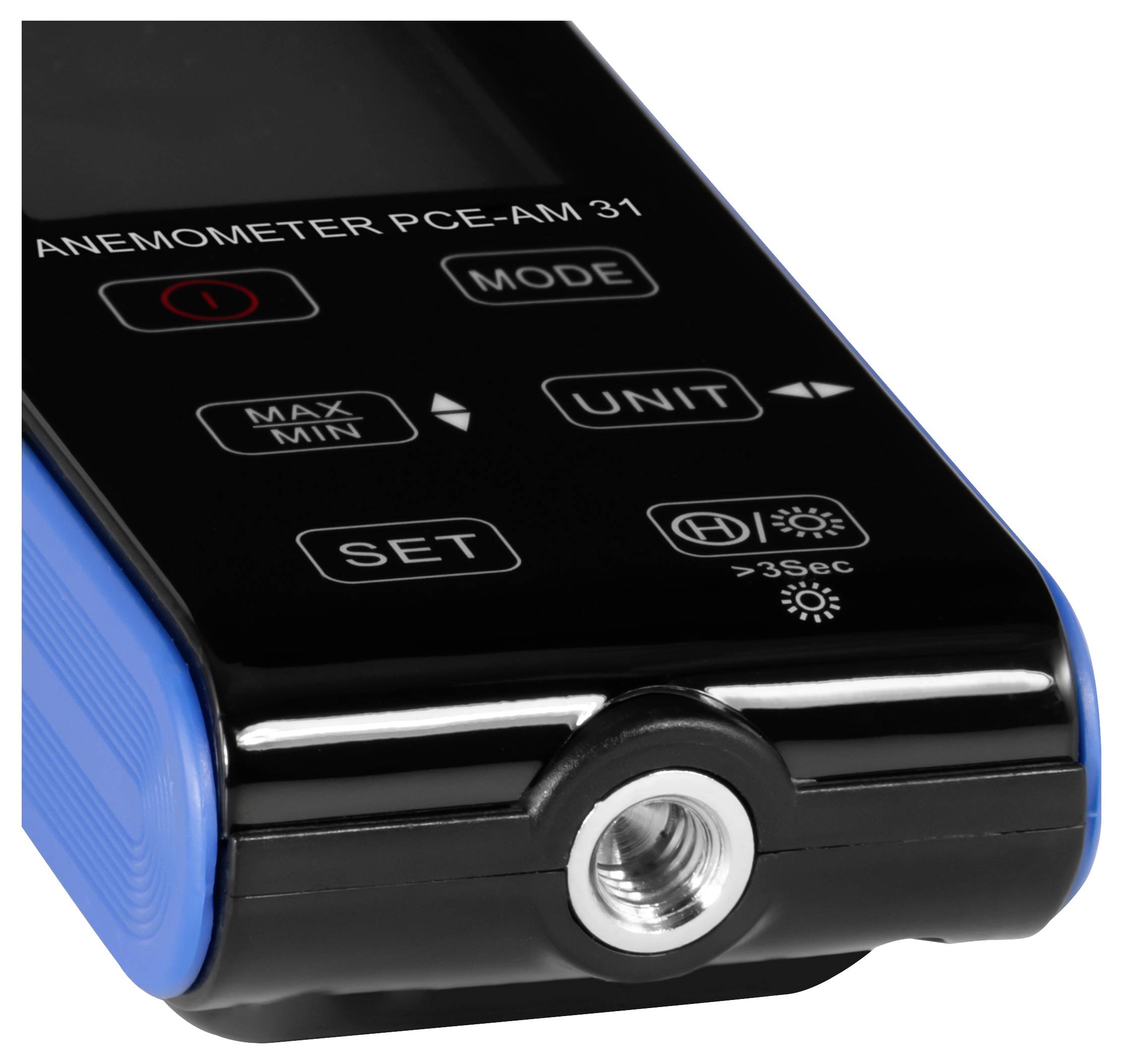 Nahaufnahme eines tragbaren Anemometers mit der Bezeichnung „ANEMOMETER PCE-AM 31