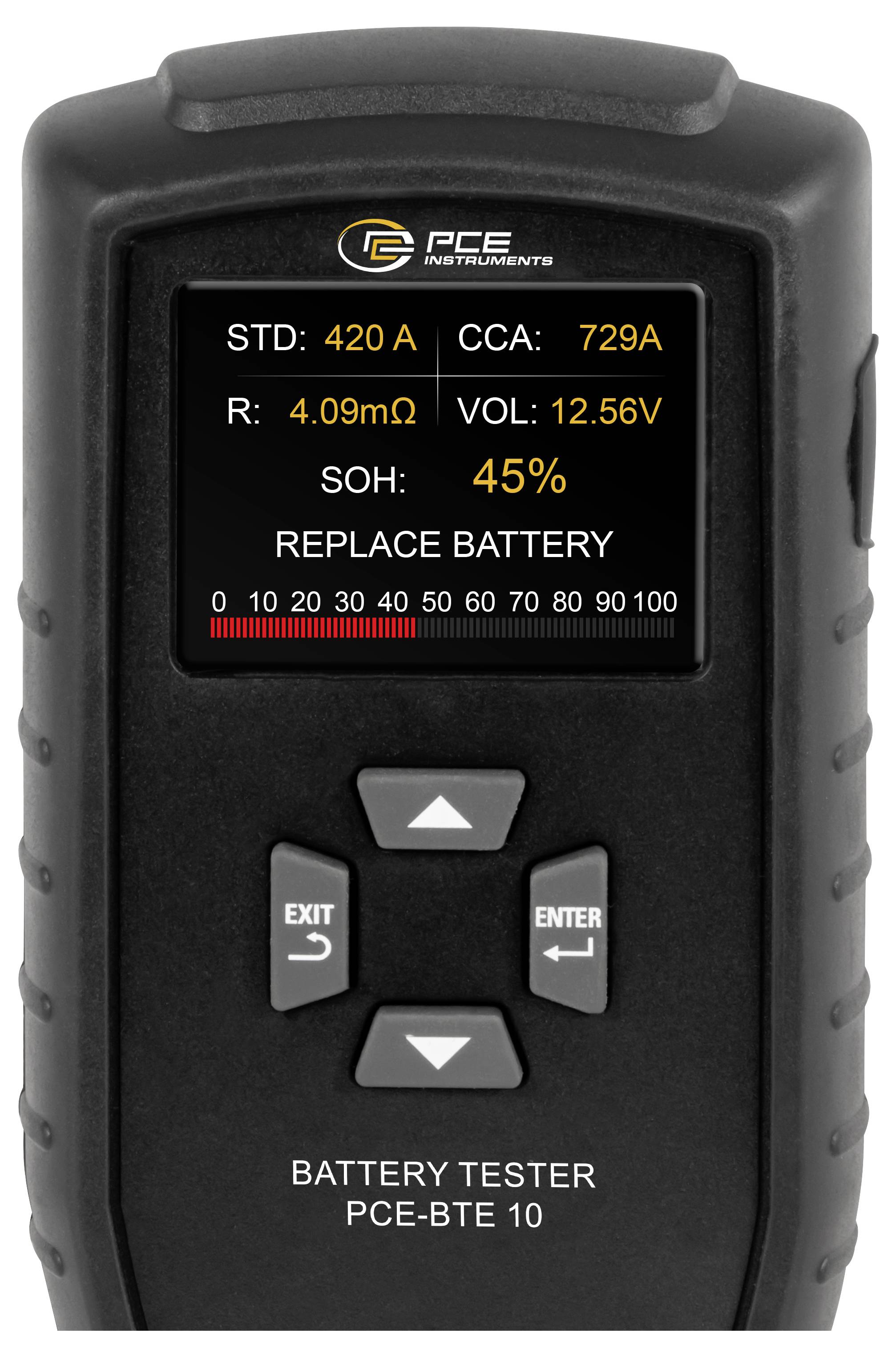Tragbarer Batterietester zeigt Ergebnisse an: STD 420A, CCA 729A, R 4,09mΩ, VOL 12,56V, SOH 45%, und „BATTERIE AUSTAUSCHEN