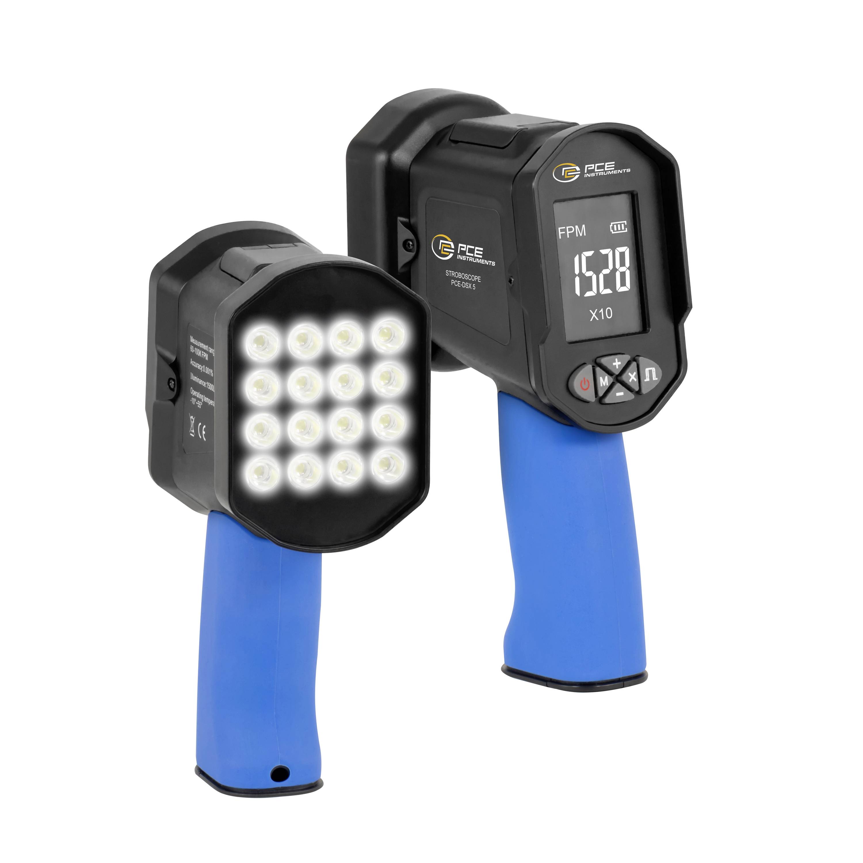 Tragbares PCE-Instrument mit LED-Inspektionslicht und digitaler Anzeige, Modell FPM 1528, auf weißem Hintergrund dargestellt.