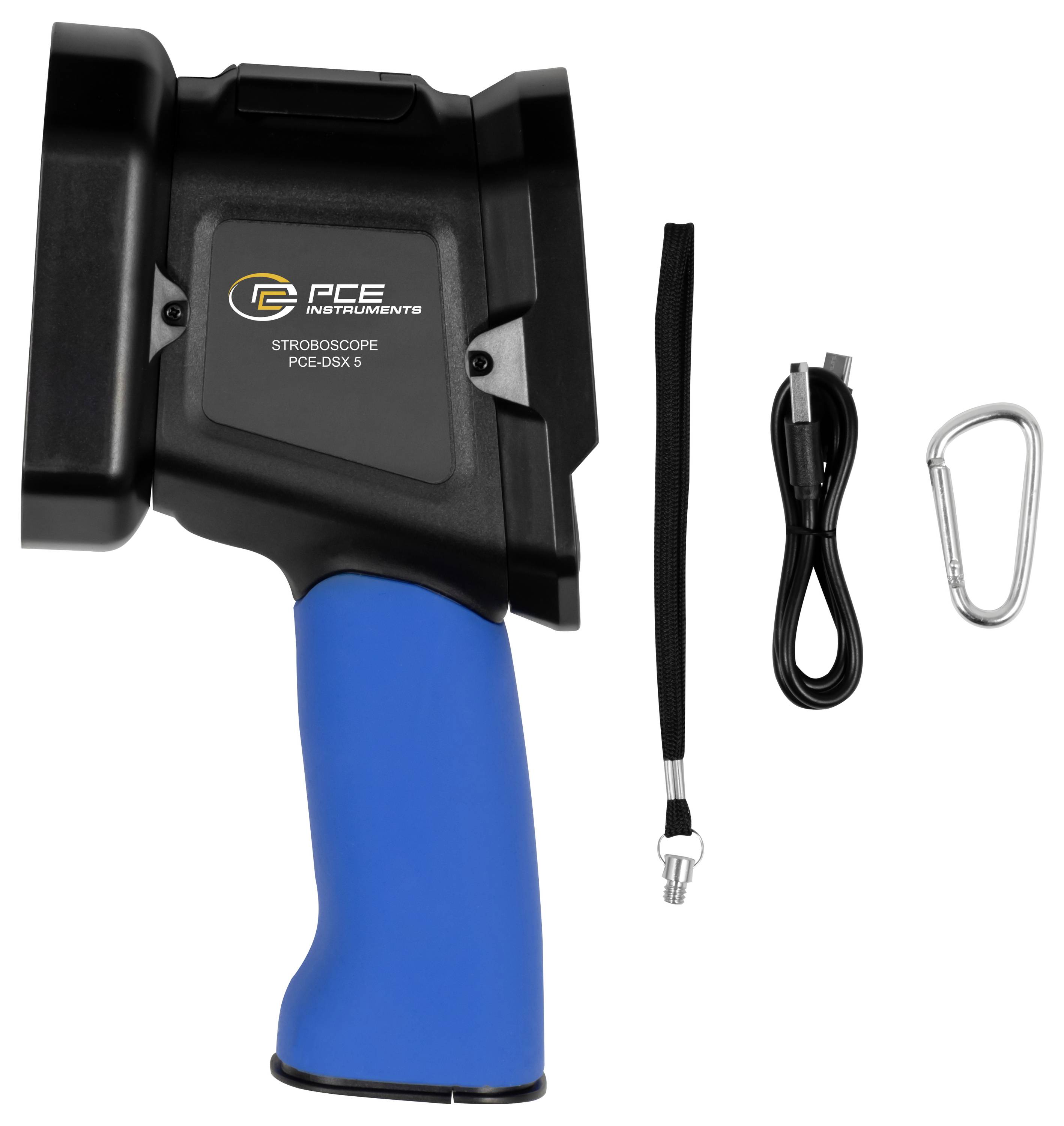PCE Instruments tragbares Stroboskop mit blauem Griff, gezeigt mit Handgelenkschlaufe, Kabel und Karabinerclip auf weißem Hintergrund.