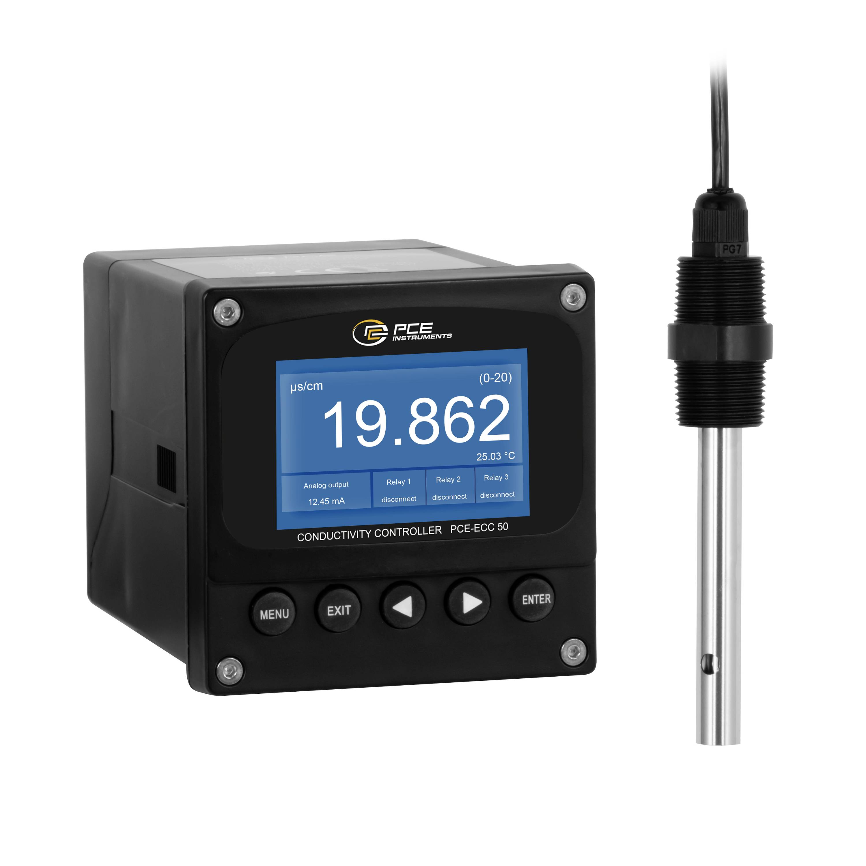 PCE-Leitfähigkeitsmessgerät zeigt 19,862 µS/cm mit einem angeschlossenen Sensor auf weißem Hintergrund an.