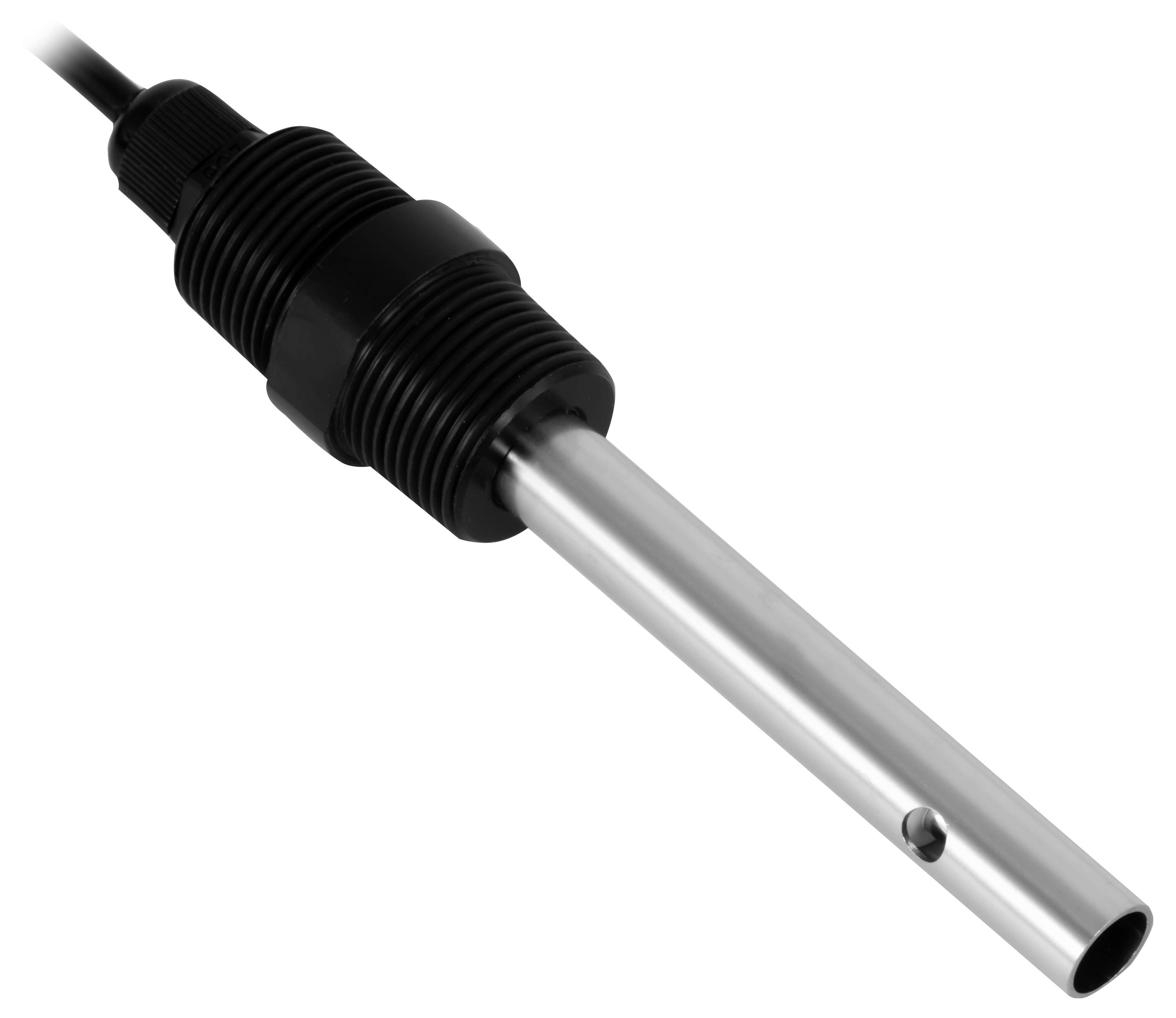 Schwarzer zylindrischer Eintauch-Temperatursensor mit Kabel und Edelstahlsonde auf weißem Hintergrund.