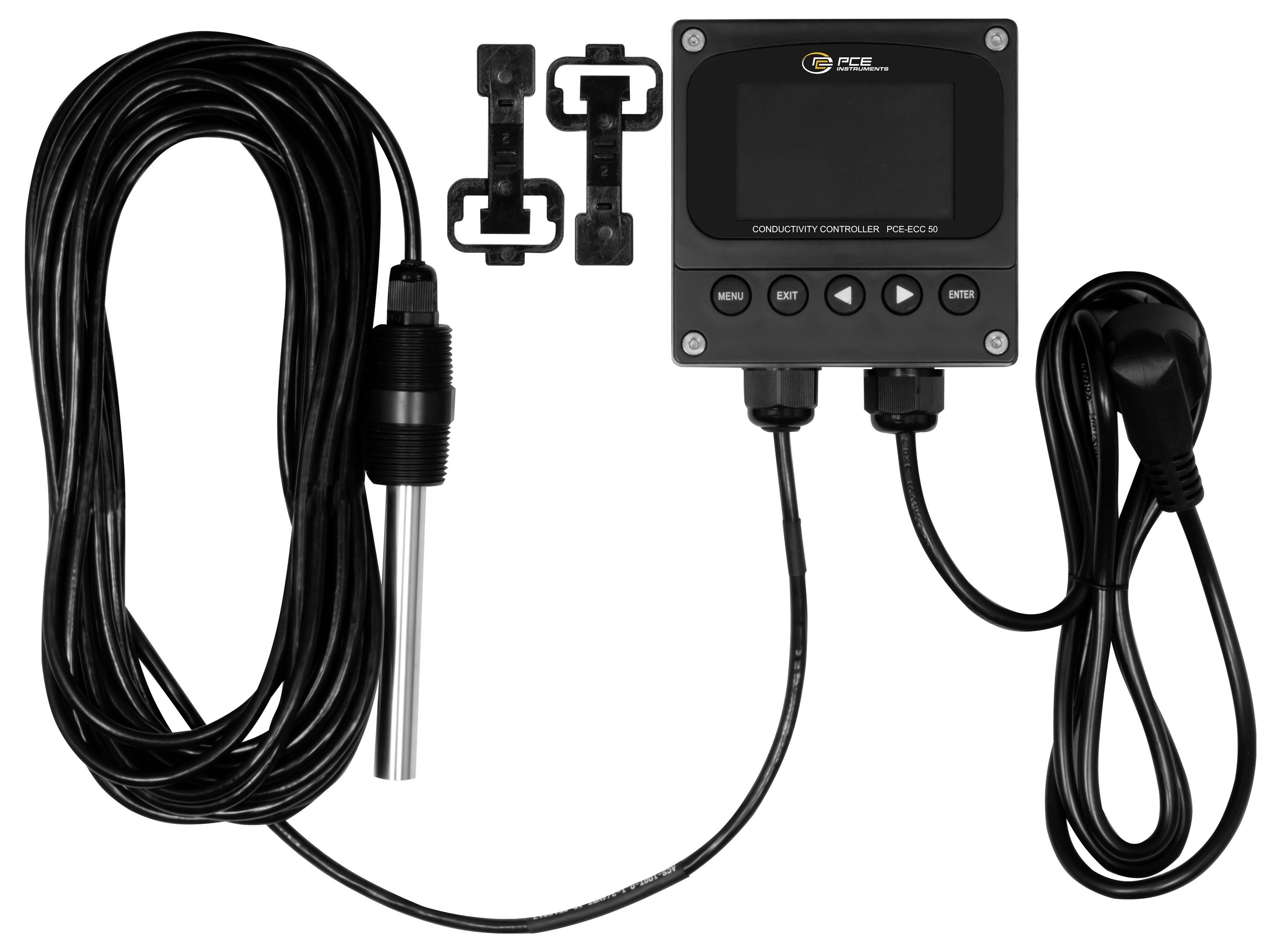 Leitfähigkeitskontroller-Set mit Anzeigeeinheit, Sonde, Kabeln und Befestigungsclips auf weißem Hintergrund.
