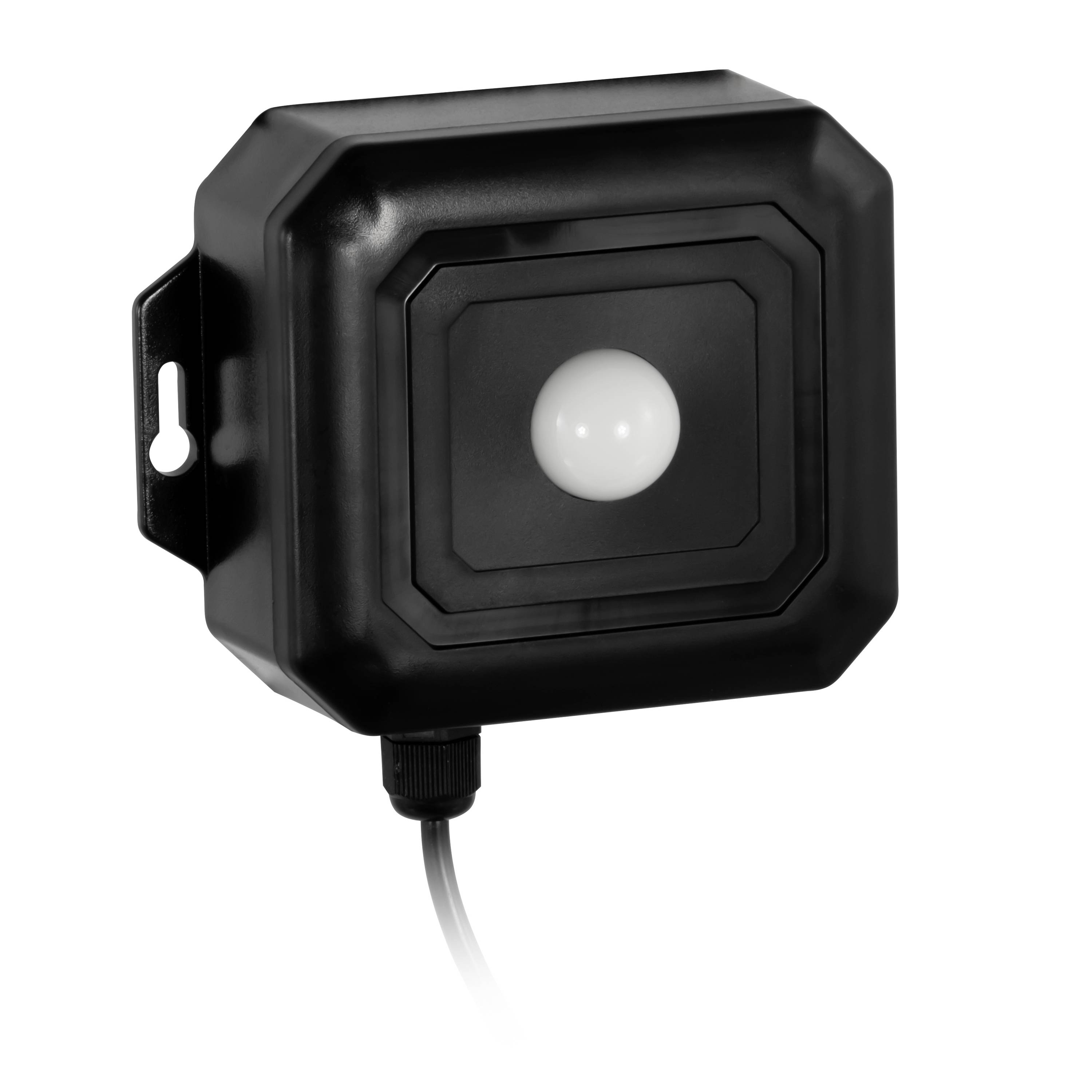 Schwarzes wandmontiertes Sensor- oder Alarmgerät mit einer zentralen weißen Kuppel und angebrachtem Kabel auf einfachem weißen Hintergrund.