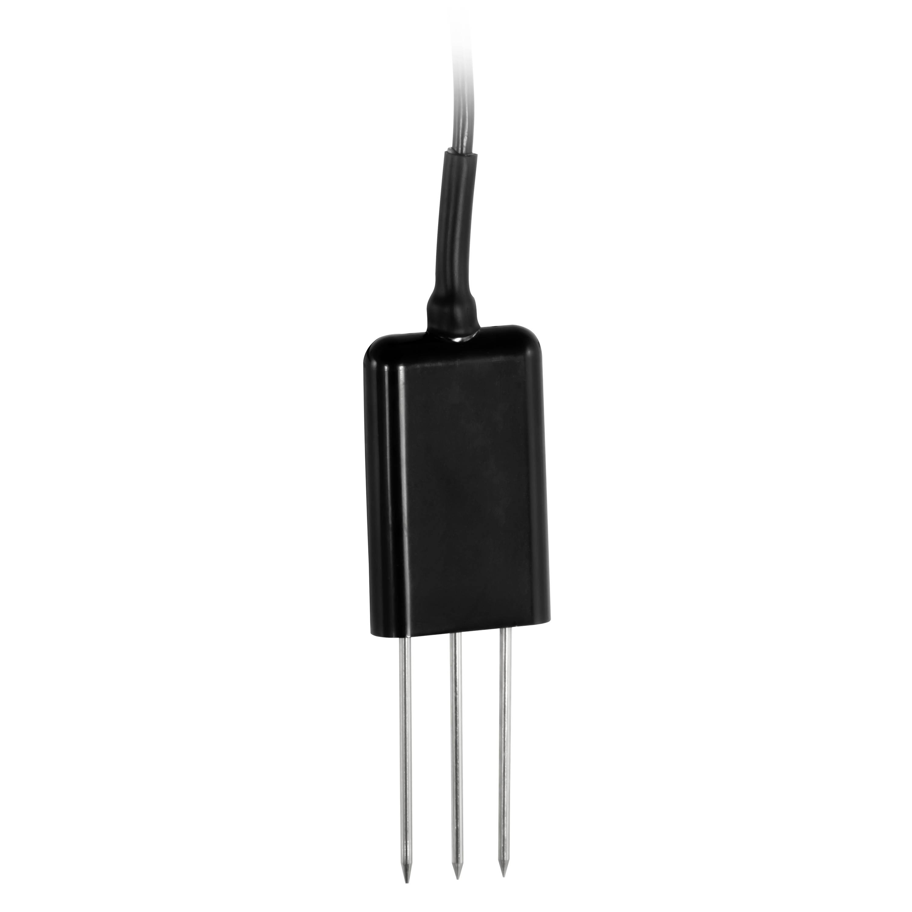 Dreizackiger Metall-Bodenfeuchtesensor mit schwarzem Kunststoffgehäuse und angeschlossenem Kabel, dargestellt auf weißem Hintergrund.