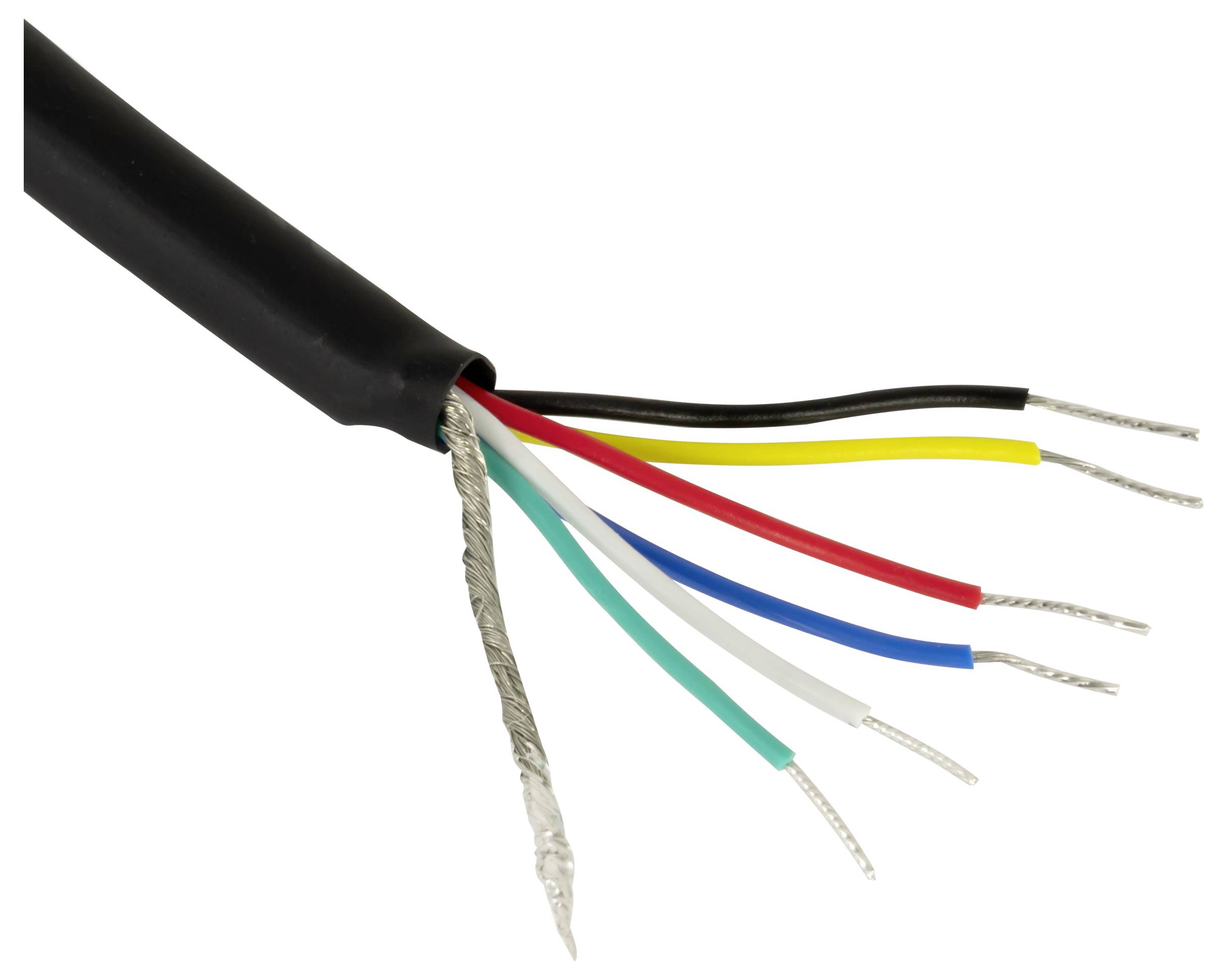 Abgeschnittenes schwarzes Kabel mit freiliegendem geflochtenem Schirm und sieben farbigen internen Drähten auf weißem Hintergrund.