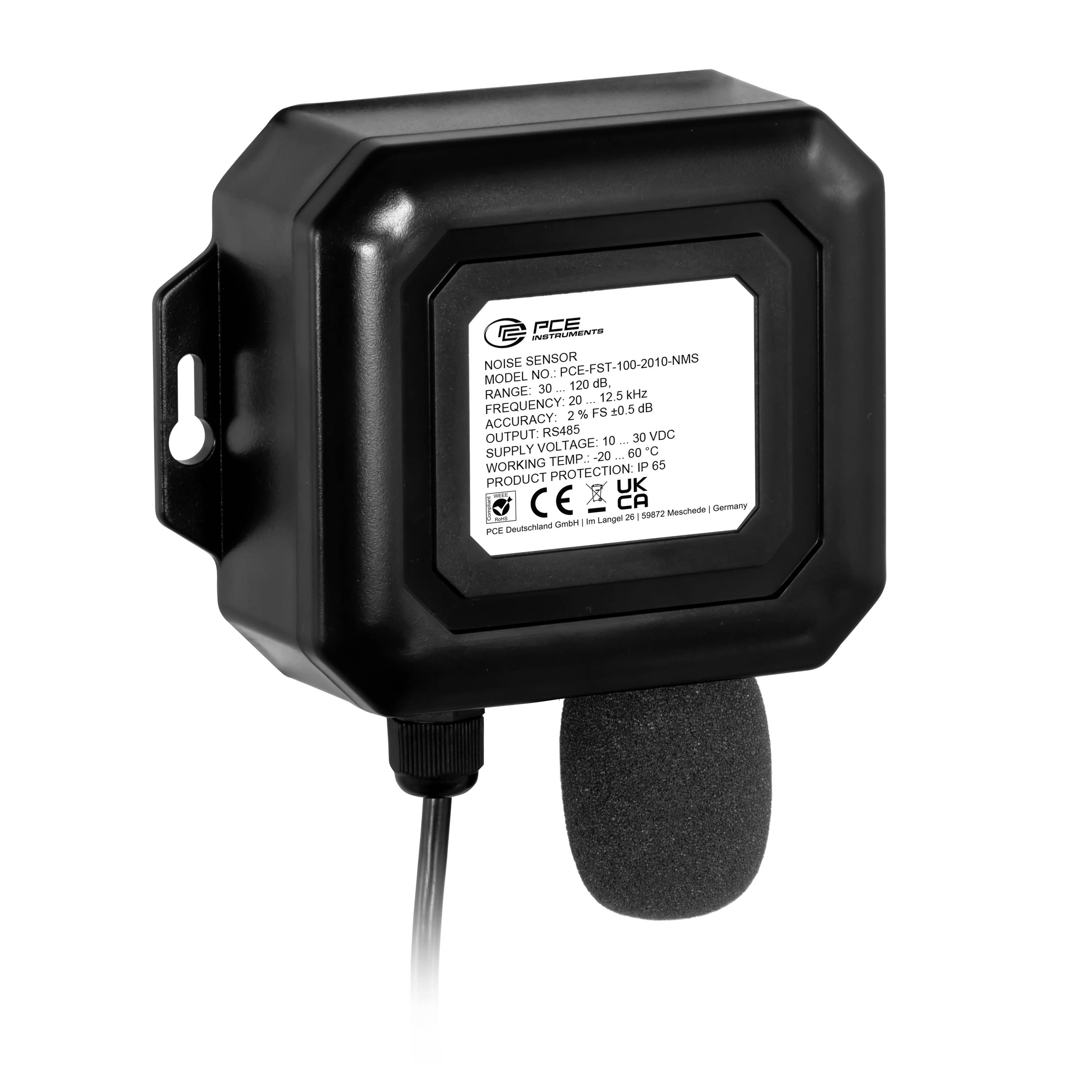 Schwarze PCE-Lärmschutzsensor-Einheit mit Wandhalterung, Kabel und schaumstoffbezogenem Mikrofon; das Etikett zeigt Modell und technische Spezifikationen.