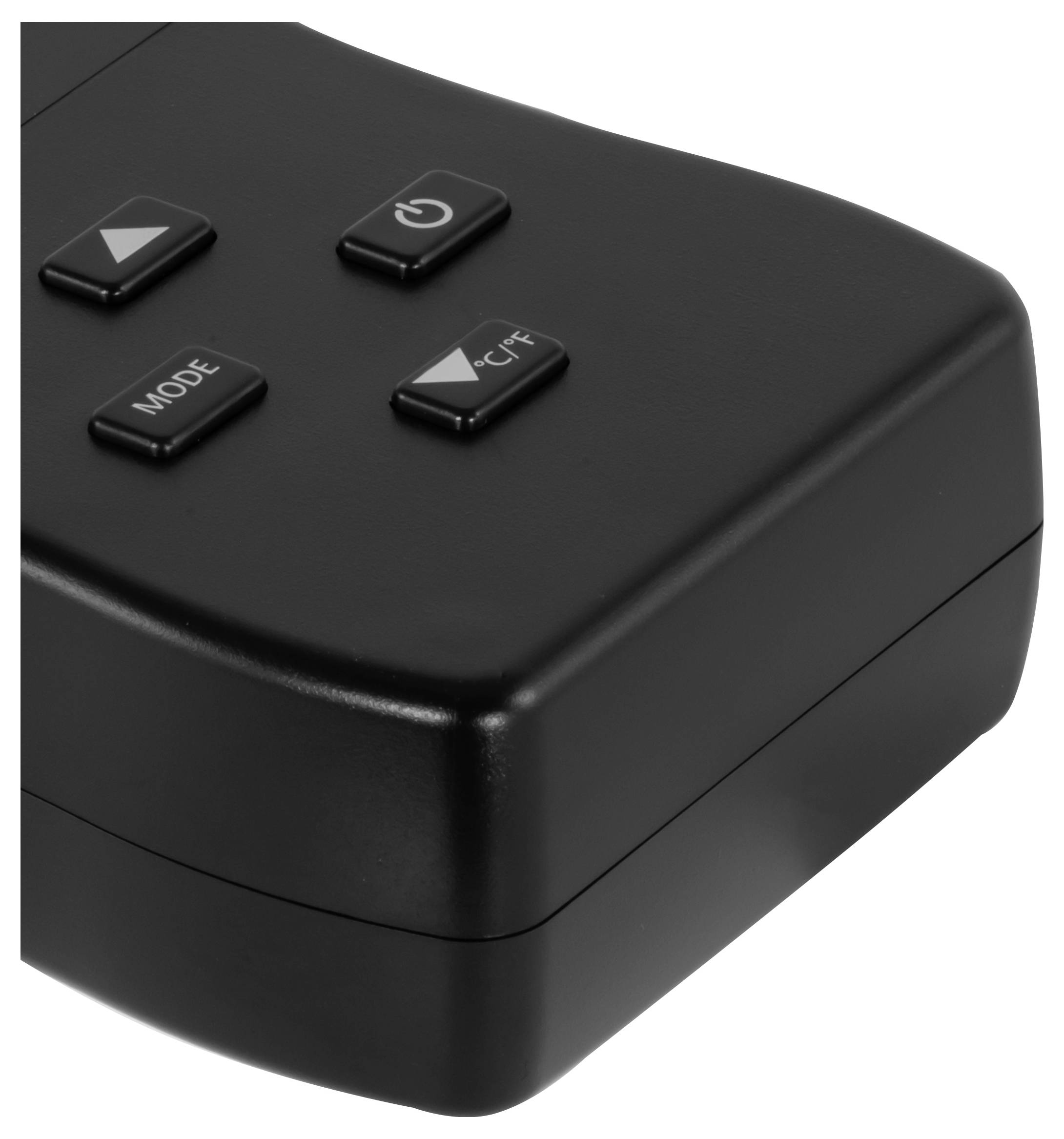 Schwarze quadratische elektronische Fernbedienung oder Steuerbox mit vier Tasten, beschriftet mit MODE, CF und Pfeilen.