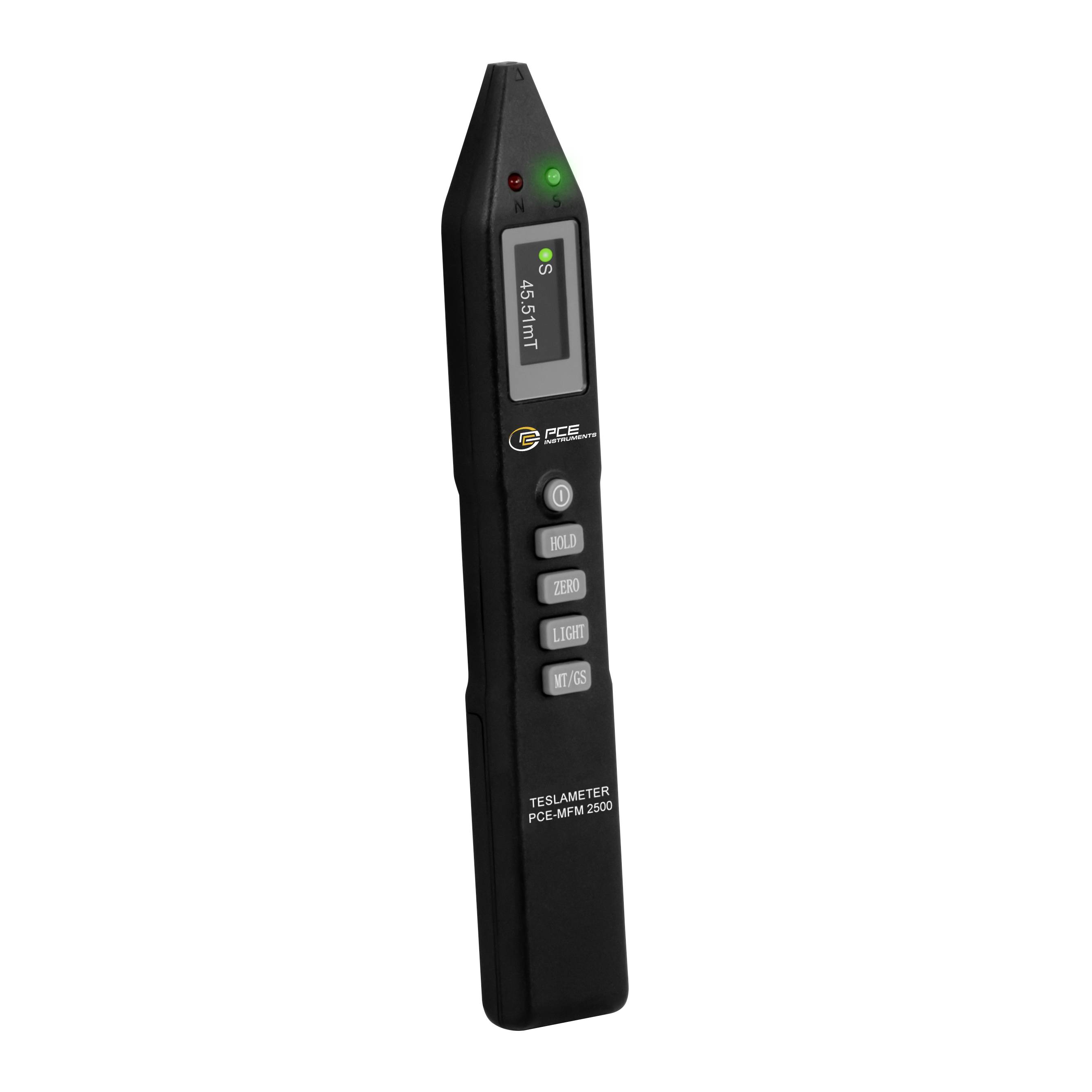 Tragbares Teslameter zeigt auf seinem Display 45,5 mT an, mit Tasten für HOLD, ZERO, LIGHT und mT/Gs.