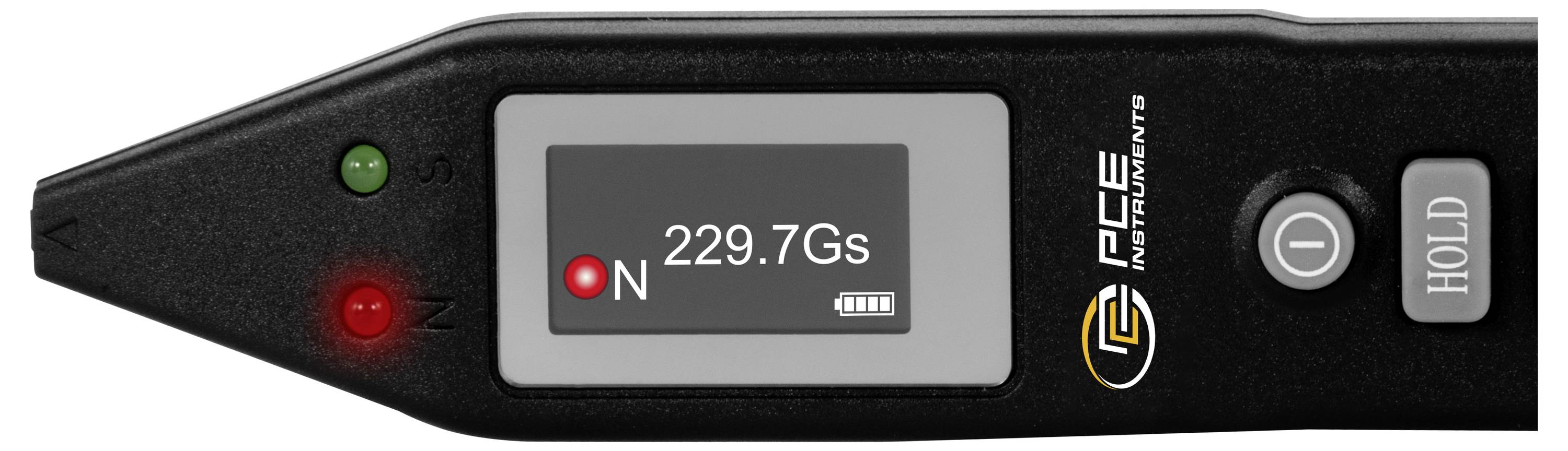 Digitales Gaußmeter mit einem Display, das 229,7 Gs und Nordpolarität anzeigt, sowie grüne und rote Anzeigelampen und eine Halte-Taste.