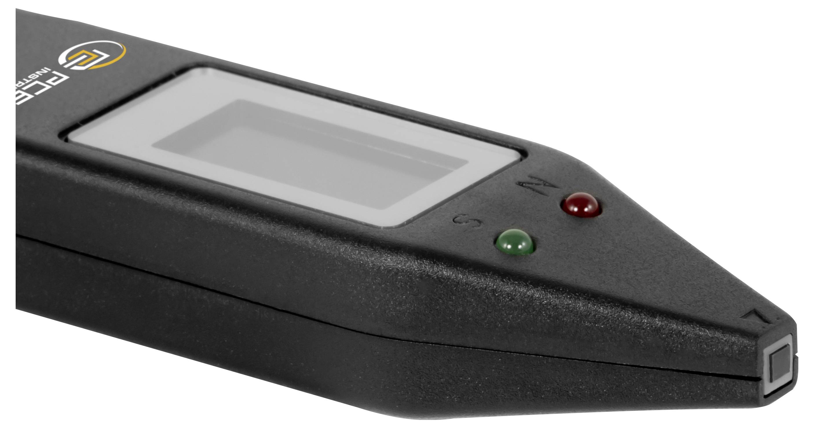 Schwarzes tragbares elektronisches Gerät mit kleinem Anzeigefeld und zwei Anzeigenschaltflächen, in Nahaufnahme auf weißem Hintergrund dargestellt.
