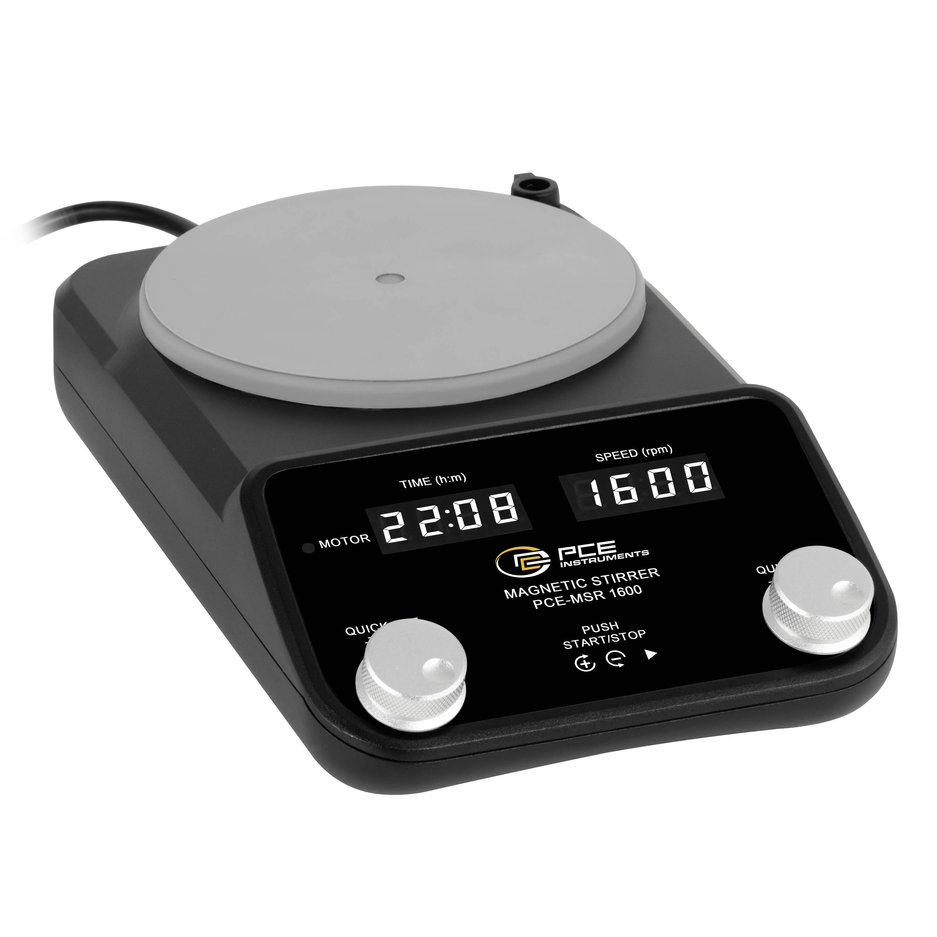 Digitaler magnetischer Rührer mit kreisförmiger Plattform, zwei Bedienknöpfen und Display, das die Zeit 22:08 und die Drehzahl 1600 U/min anzeigt.