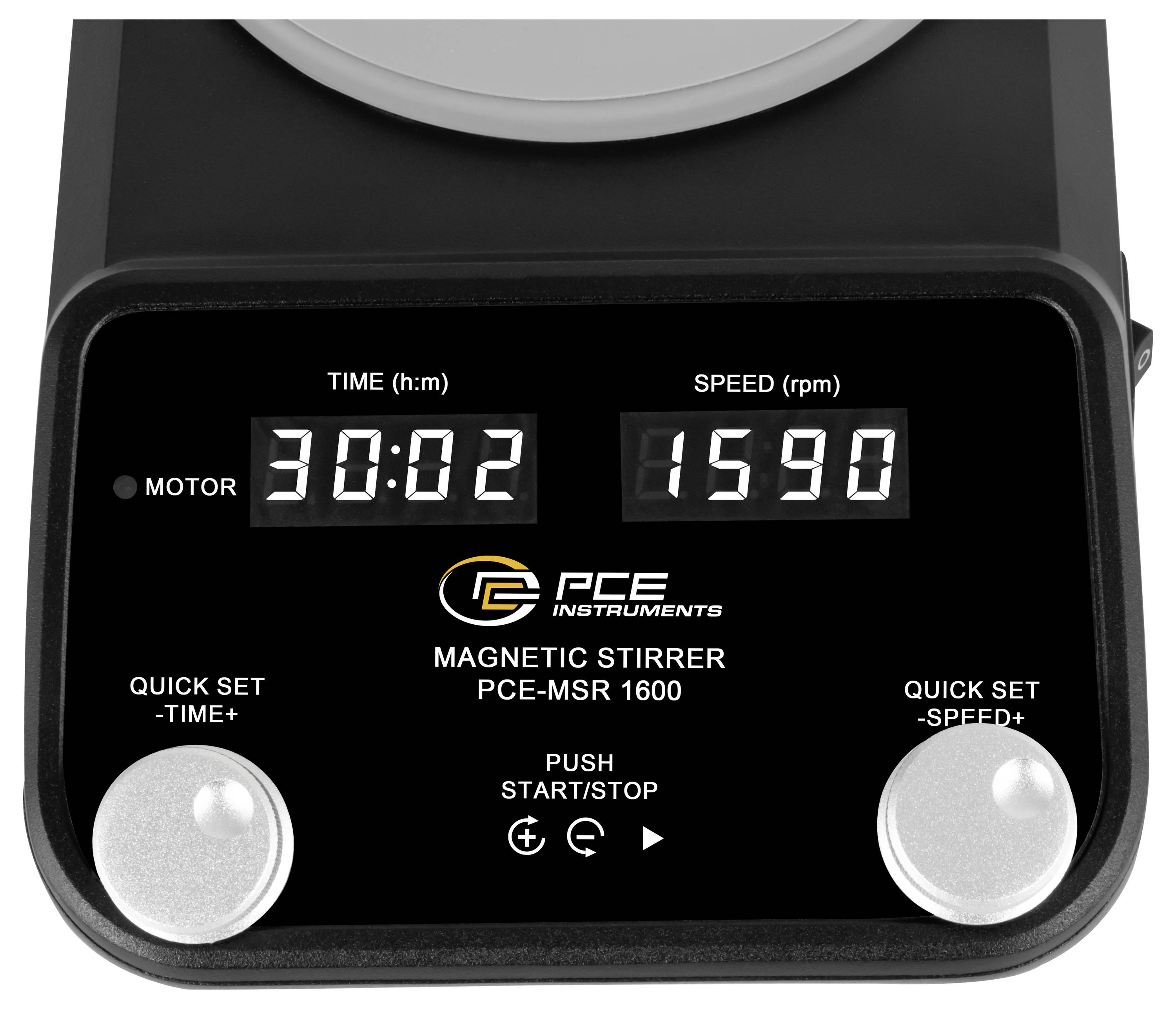 Magnetrührer-Bedienfeld mit Anzeige TIME 30:02 und SPEED 1590 rpm, mit Schnellwahlreglern für Zeit und Geschwindigkeit.