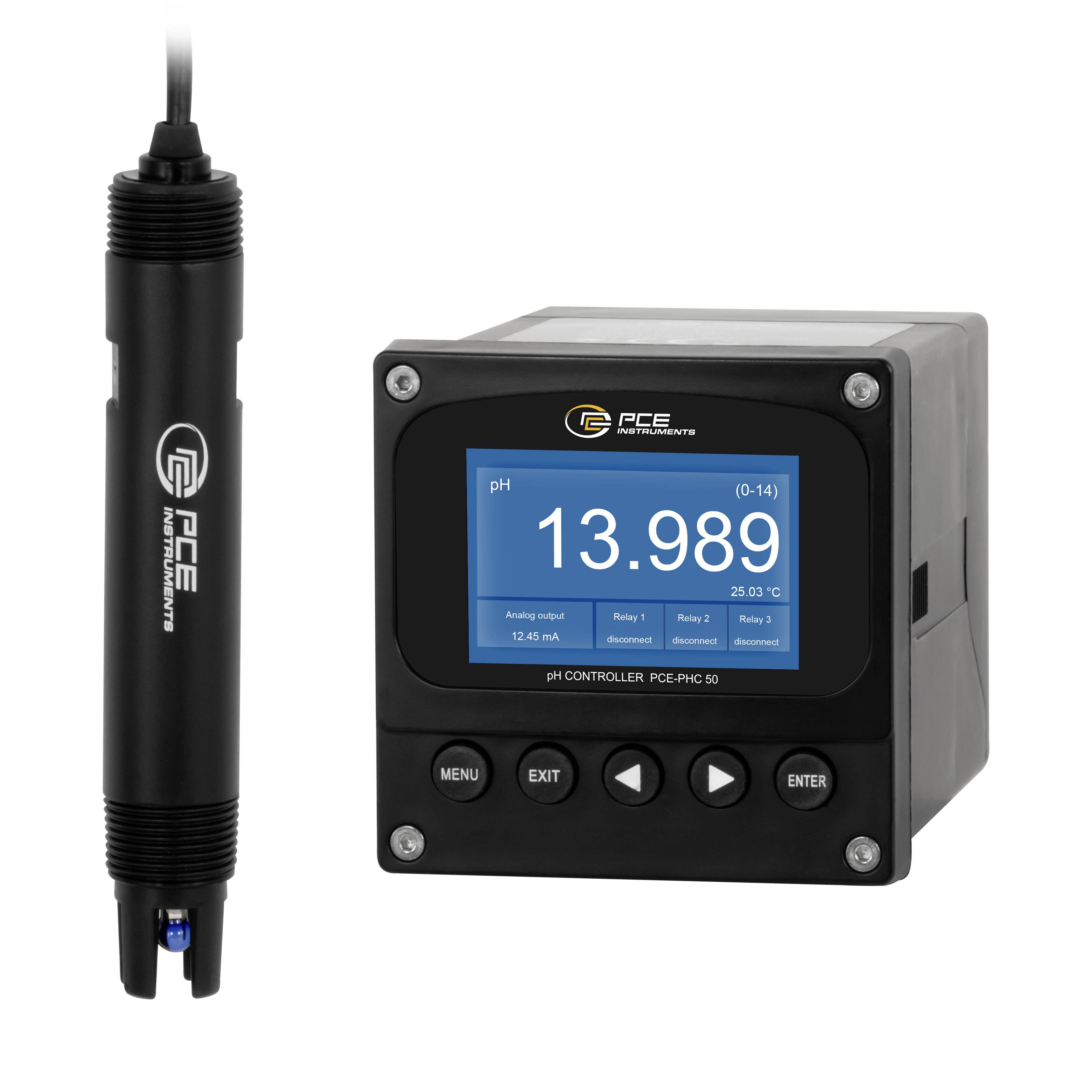 PCE pH-Regler mit Sonden-Display, das pH 13.989 und Temperatur 25,03 °C anzeigt, sowie Menü-, Beenden-, Pfeil- und Eingabetasten.